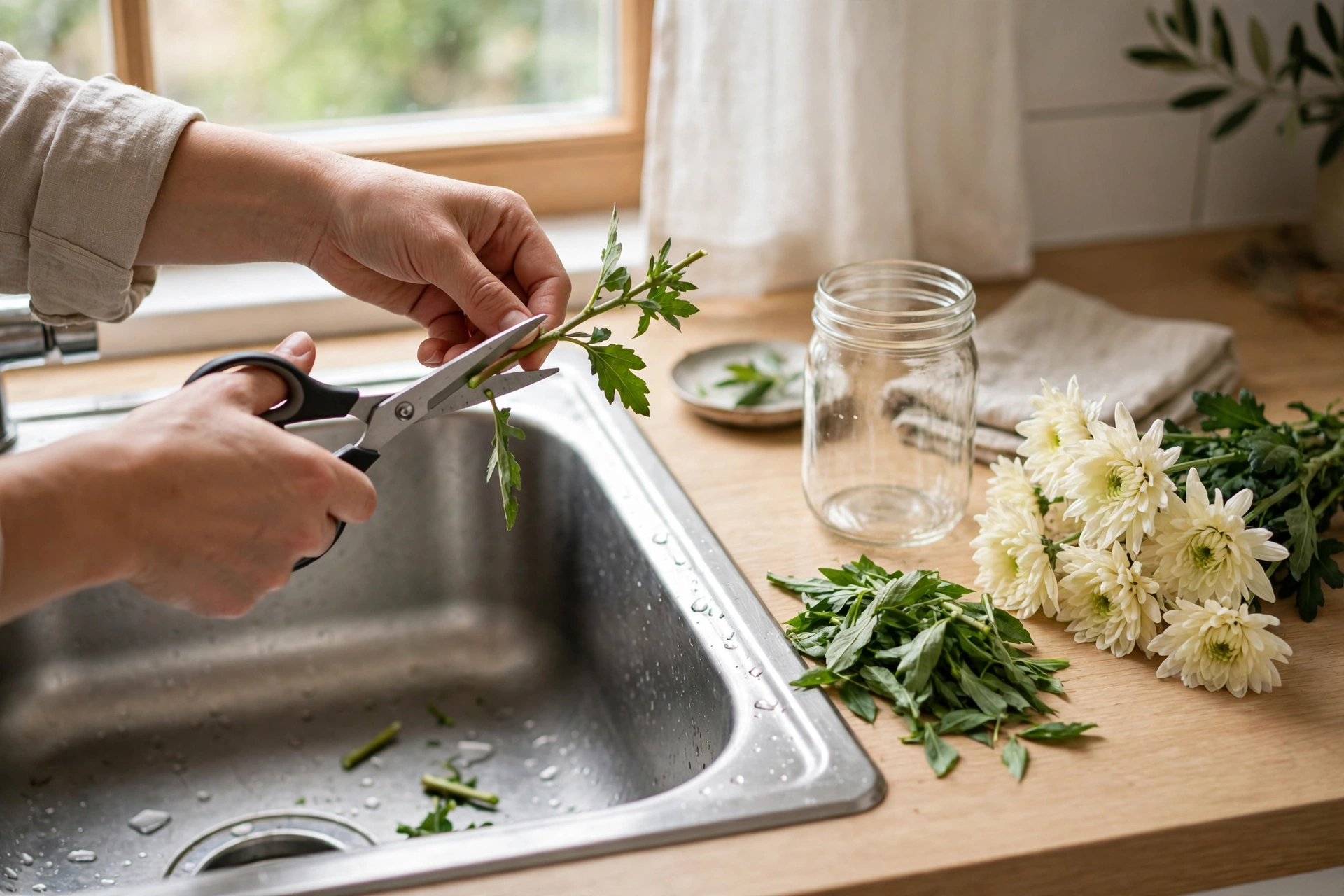 Hands trimming a flower stem at an angle over a kitchen sink, with stripped leaves beside a clean glass jar and a bunch of cream chrysanthemums