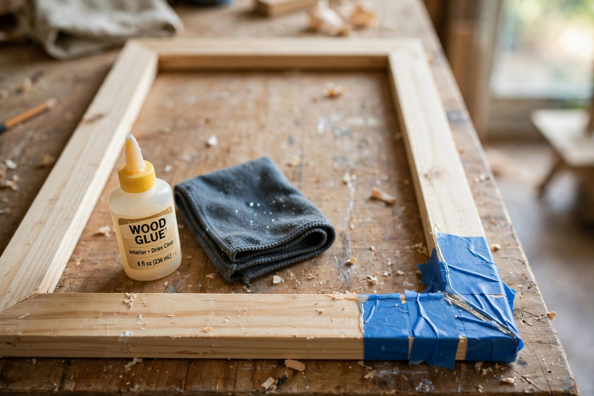A wooden picture frame lying on a workbench with one corner glued and held tight with blue painter's tape, a bottle of wood glue beside it