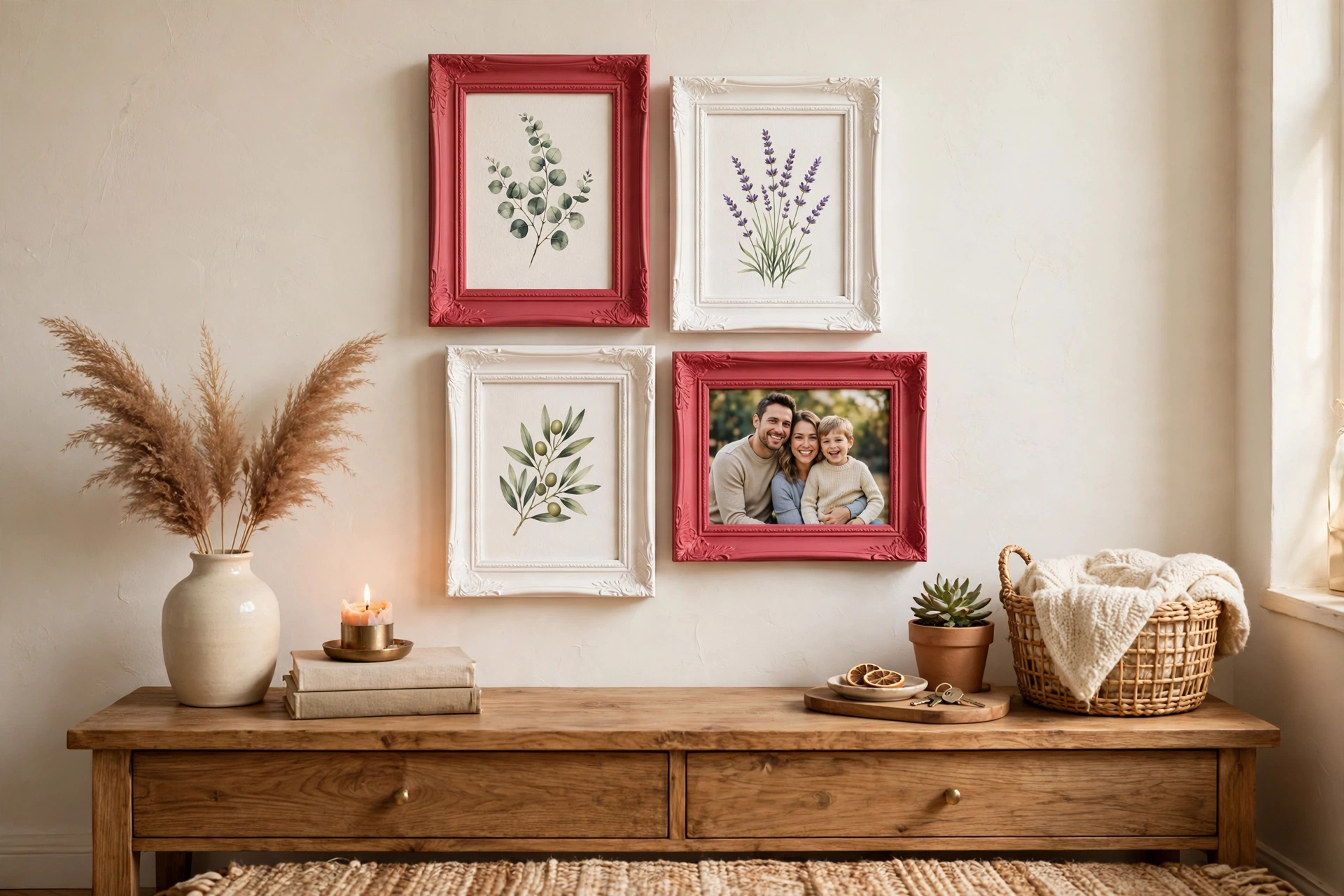 Four homemade picture frames made from trim moulding, two painted deep pink-red and two white, hung in a group above a wooden console table