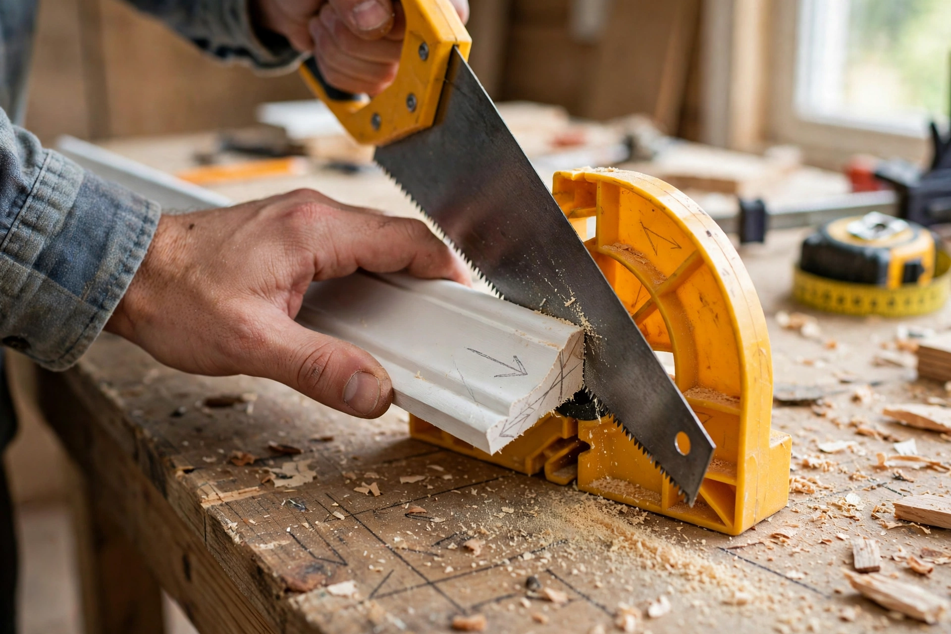 Hands cutting a length of white trim moulding at 45 degrees in a yellow mitre box with a hand saw, pencil arrows marked on the wood