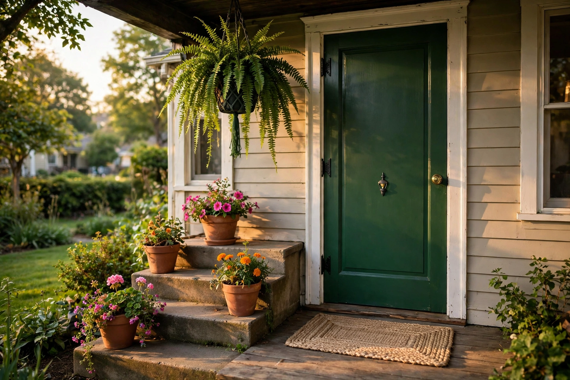 A front porch with a freshly painted door, terracotta pots and a swept path