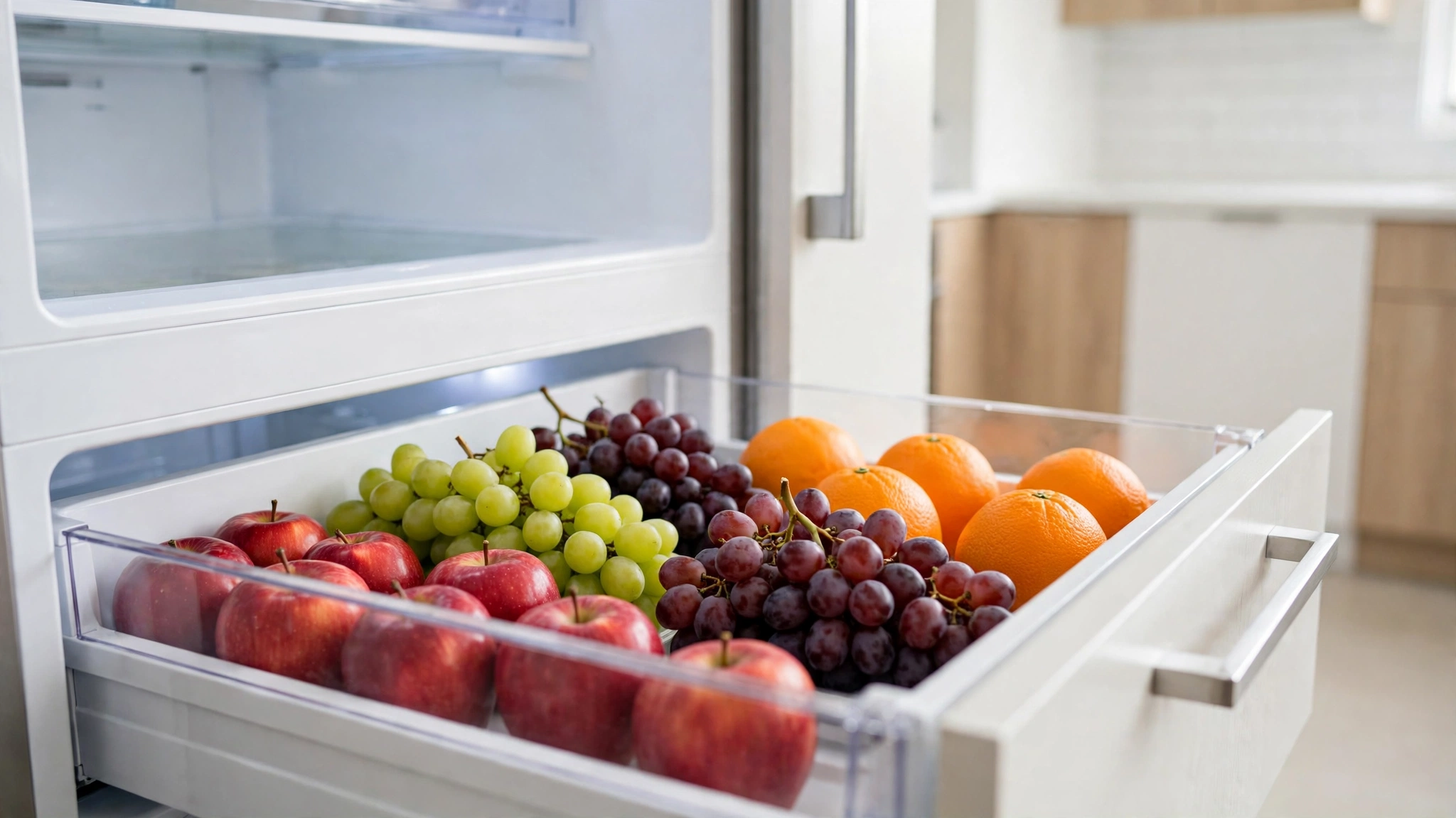An open fridge drawer full of apples, grapes and oranges stored inside the refrigerator