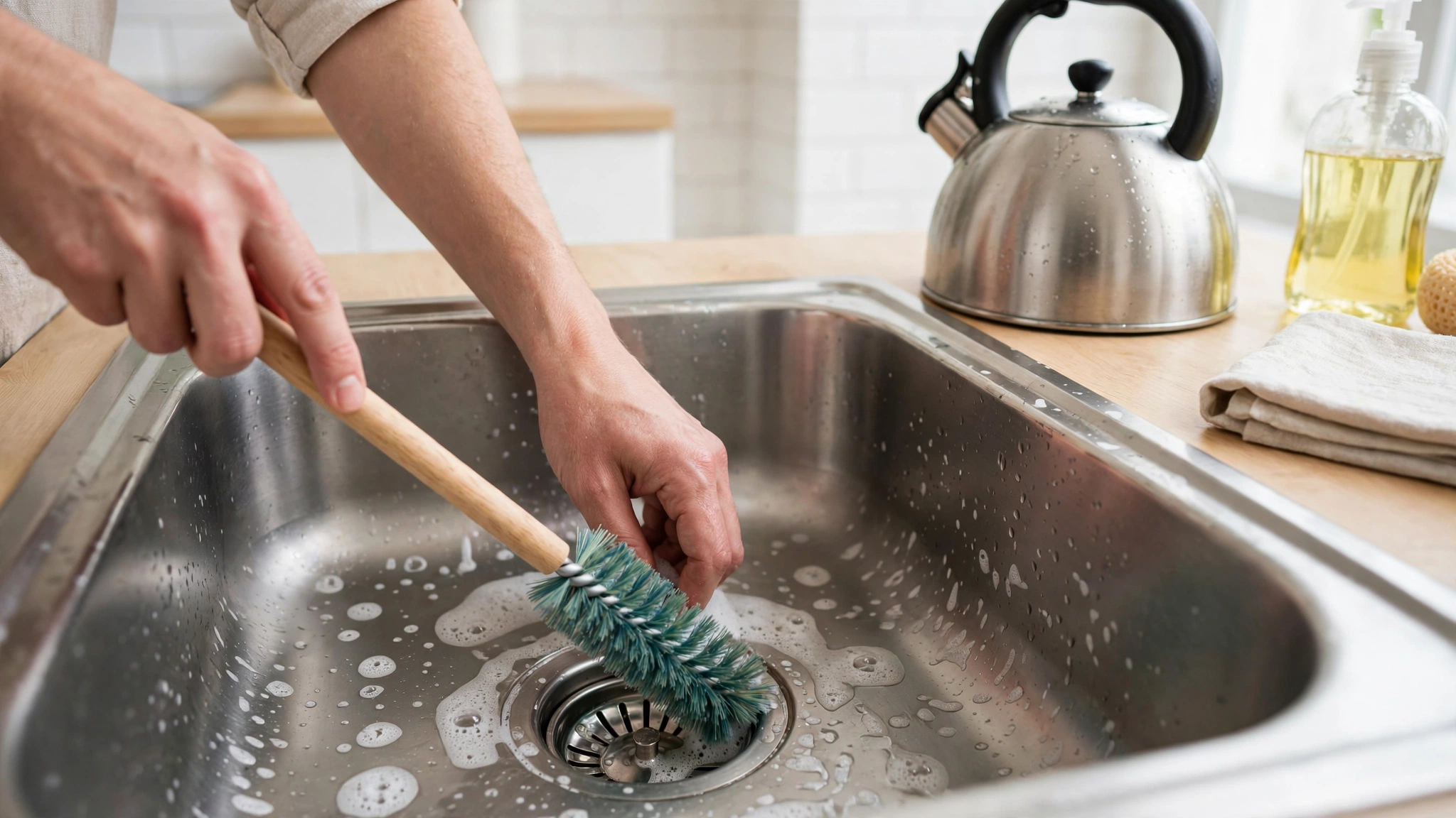 Hands scrubbing around a stainless steel sink drain with a long bottle brush, a kettle beside the sink