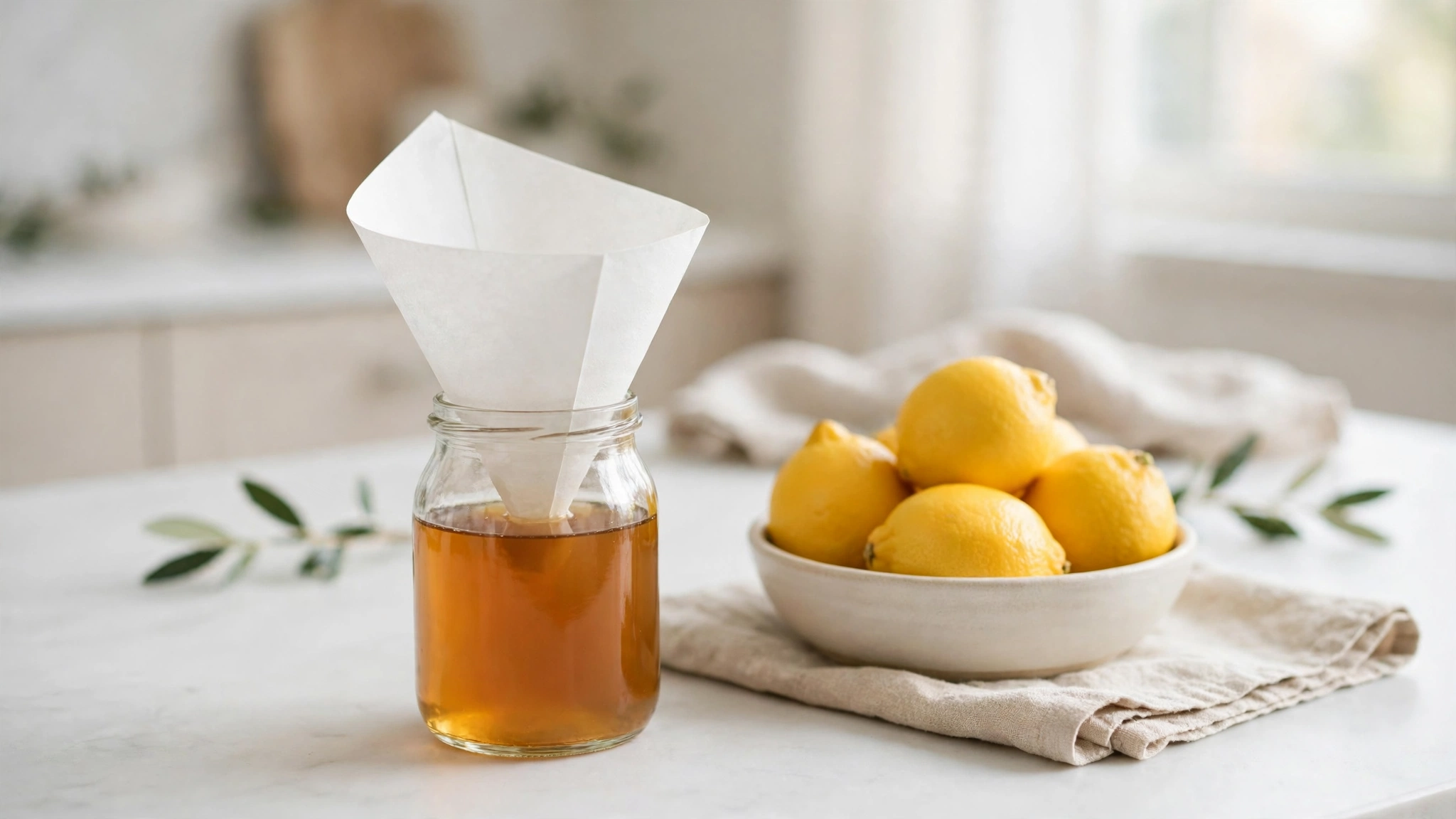 A small jar of apple cider vinegar with a paper cone in the top, standing on a bright kitchen counter