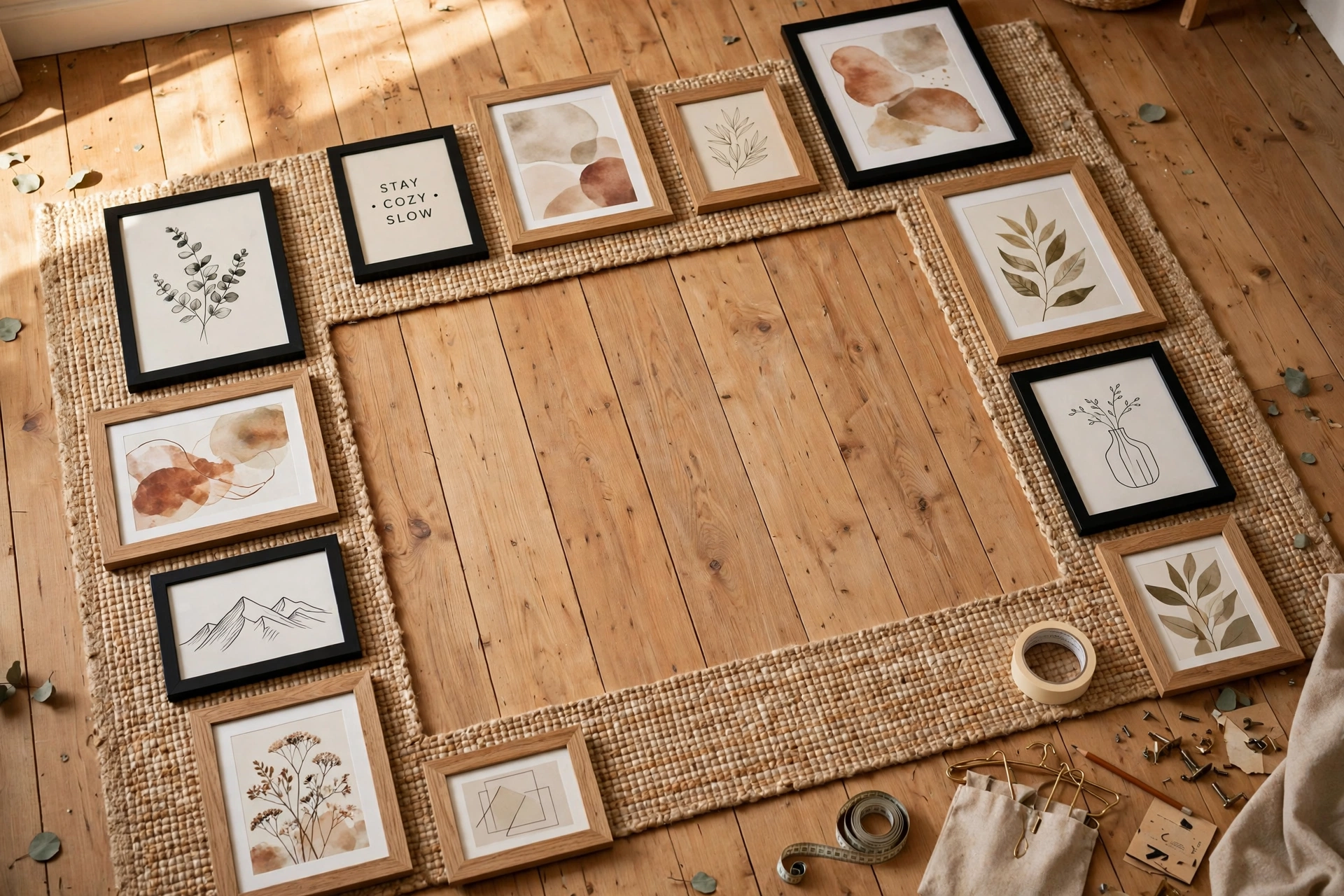 Picture frames and lengths of trim moulding laid out on the floor while planning a set of DIY frames