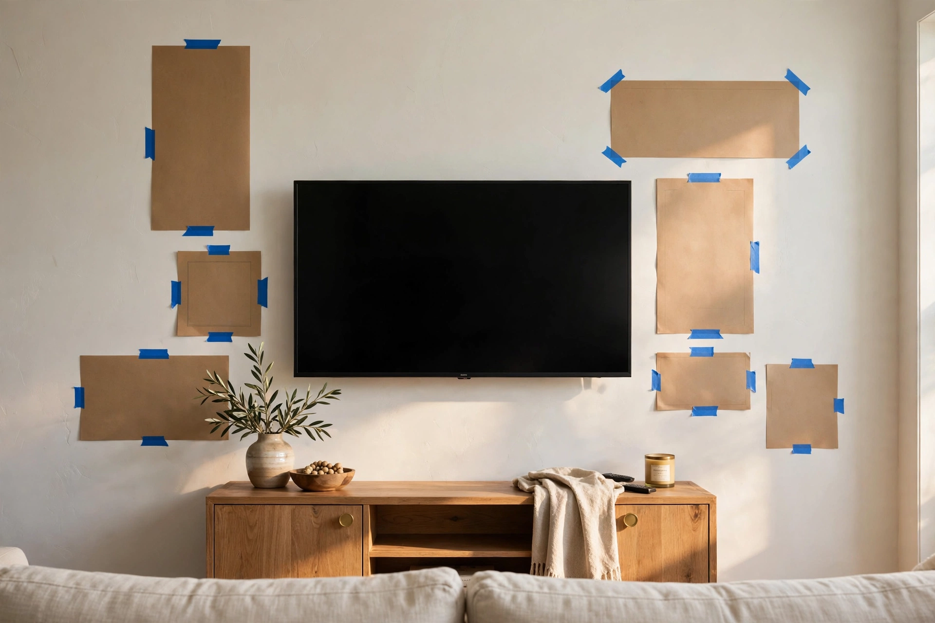 Paper templates taped on a wall to plan positions before hanging anything