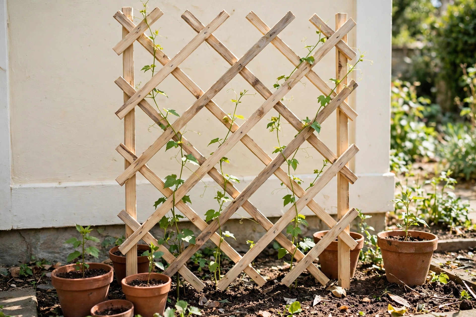 A homemade wooden lattice trellis in a sunny garden bed with a young climbing plant and terracotta pots at its base