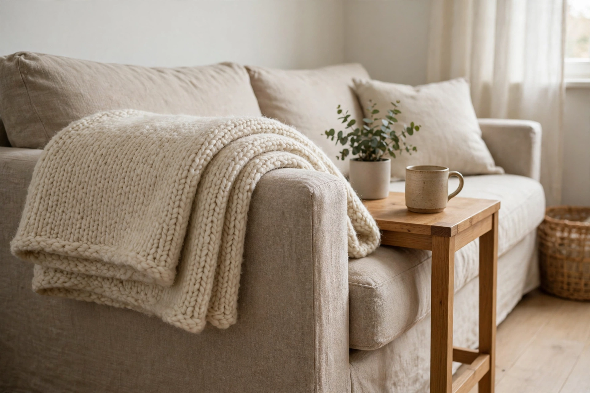 A soft cream wool throw folded over the arm of a linen sofa in a calm living room