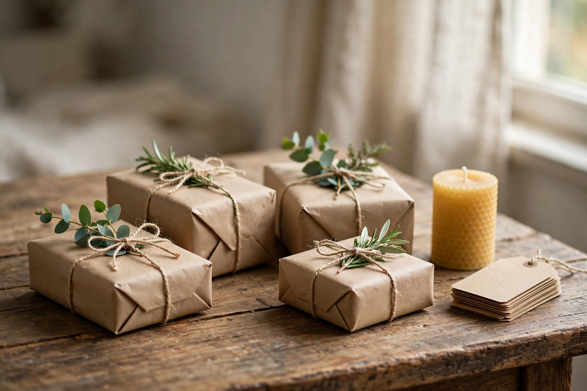 Holiday gifts wrapped simply in brown paper with twine and a sprig of greenery on each parcel, next to a plain beeswax candle