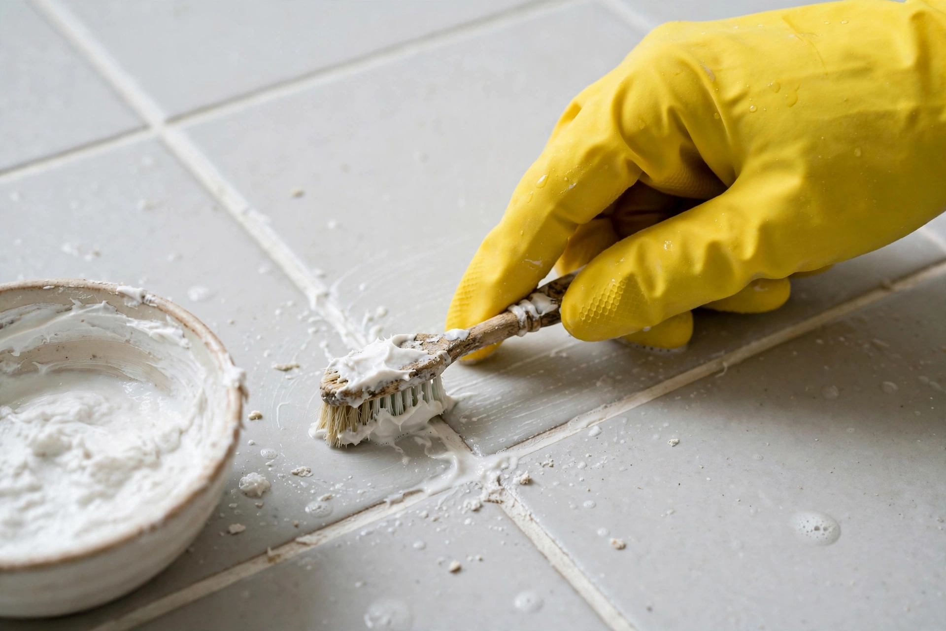 A stiff brush scrubbing bathroom grout lines back to white