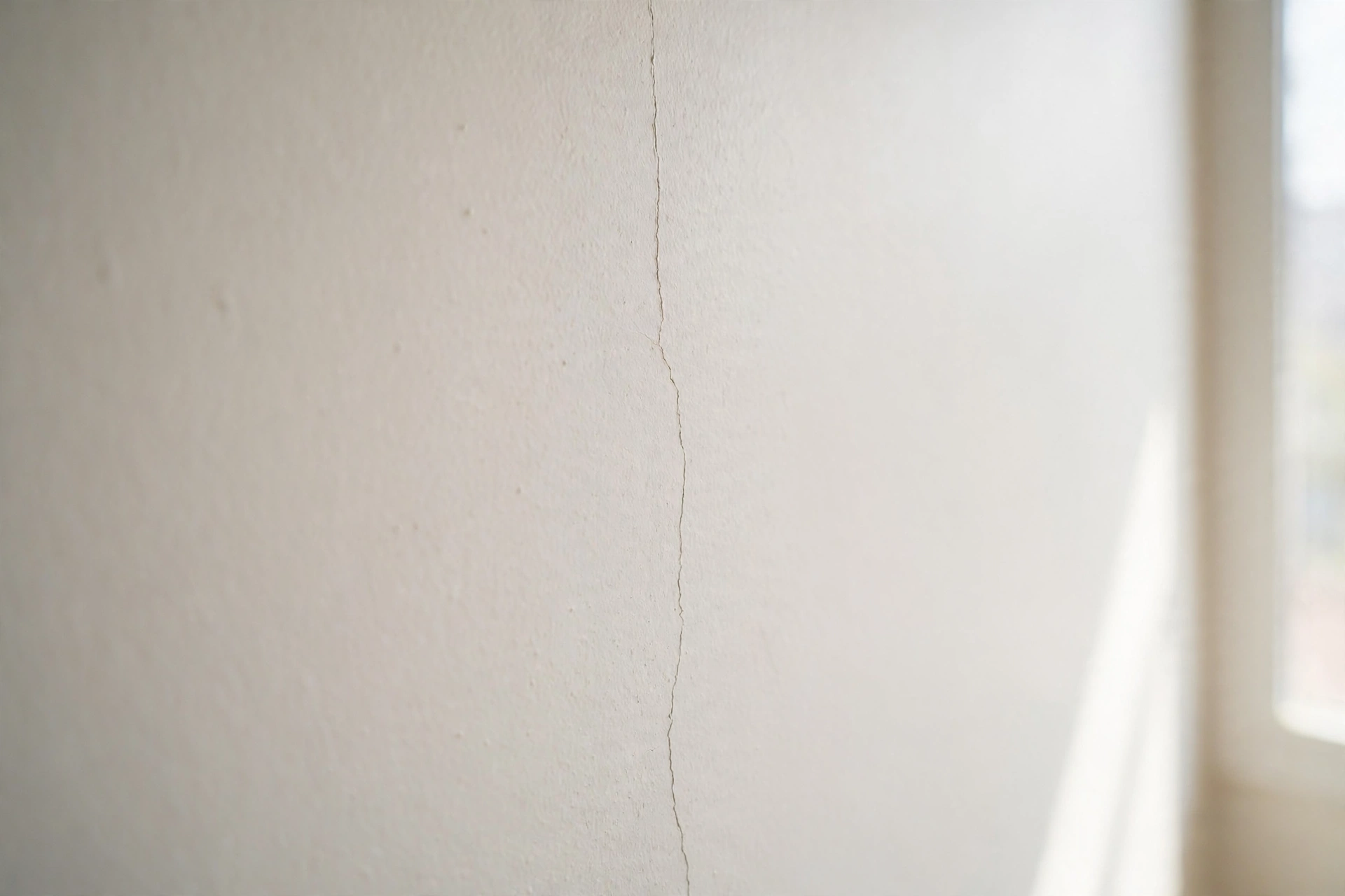 A fine hairline crack running down a painted wall