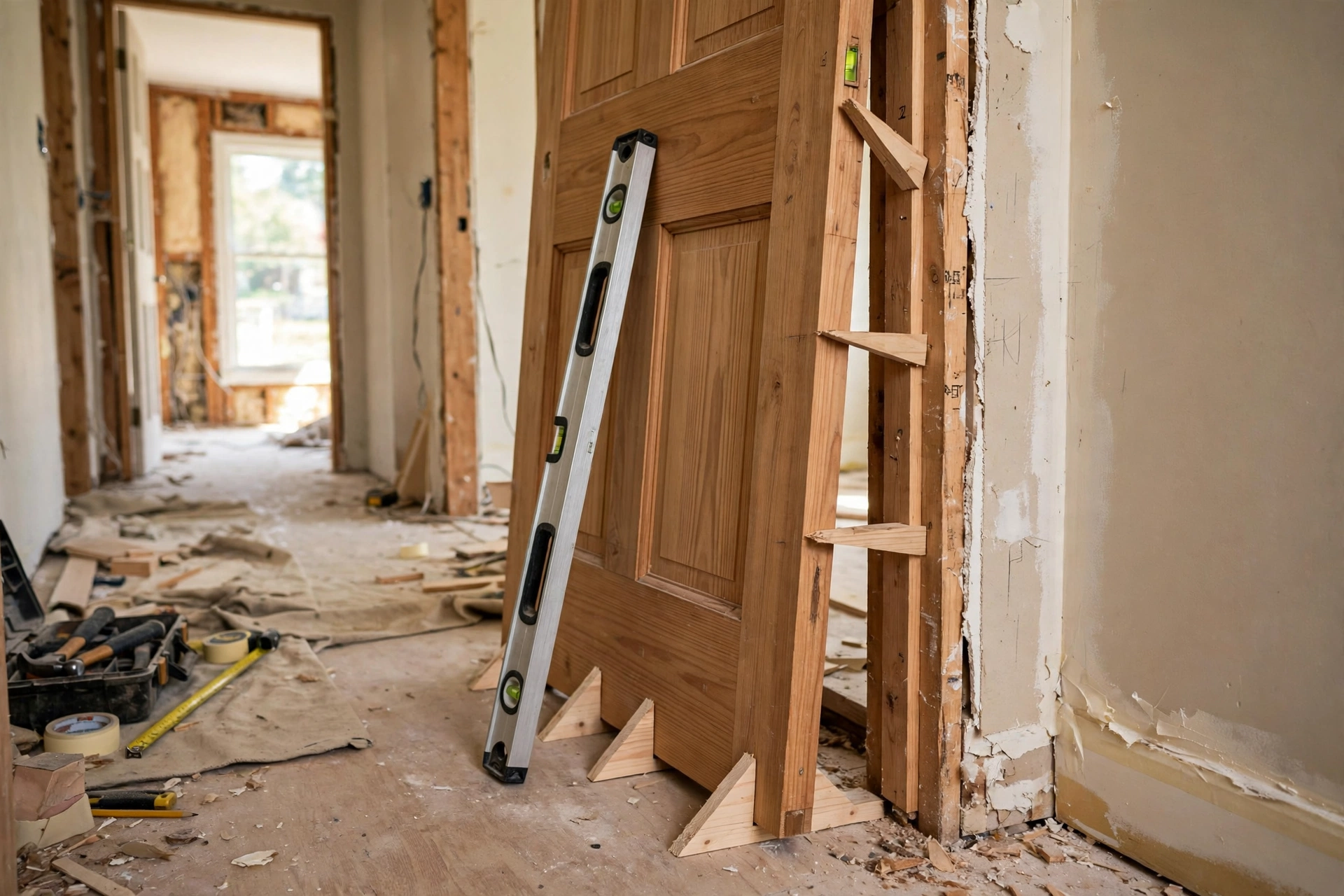 A wooden door being wedged into its frame with wooden shims during fitting, a spirit level resting against the door edge