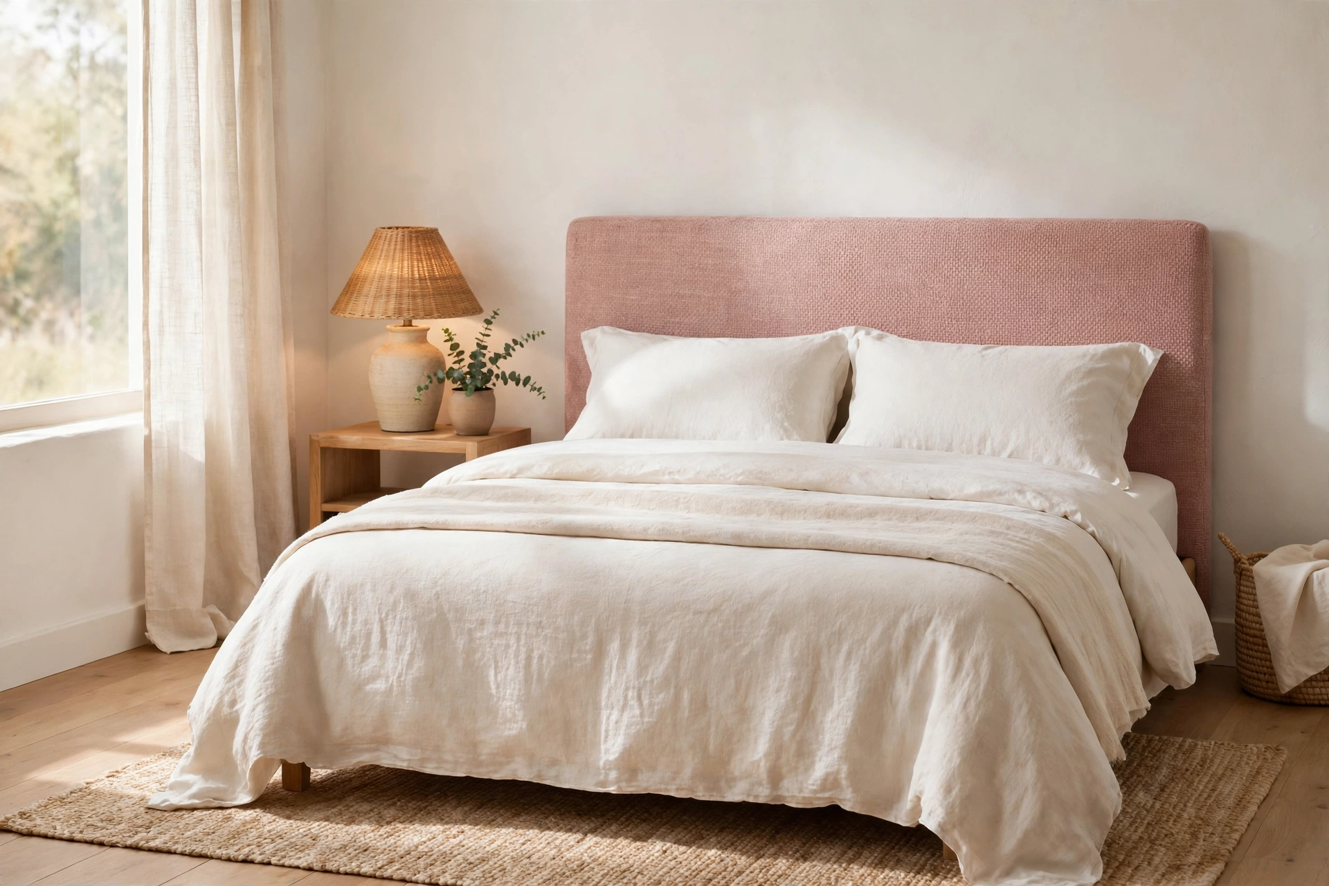 A finished DIY upholstered headboard in soft pink woven fabric behind a neatly made bed with white and cream linen bedding