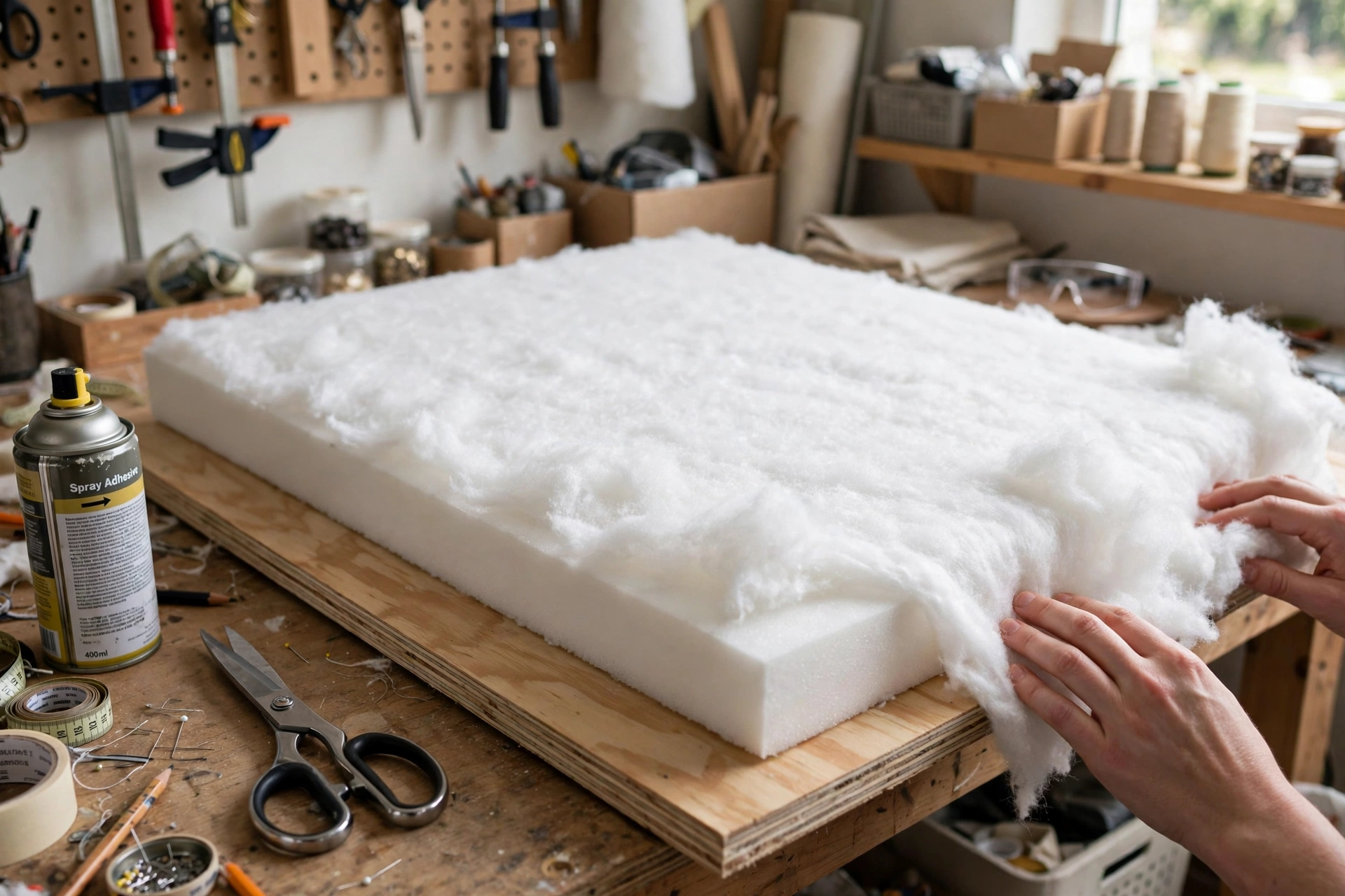 A plywood headboard board with white foam stuck on top and fluffy wadding being smoothed over it on a workbench