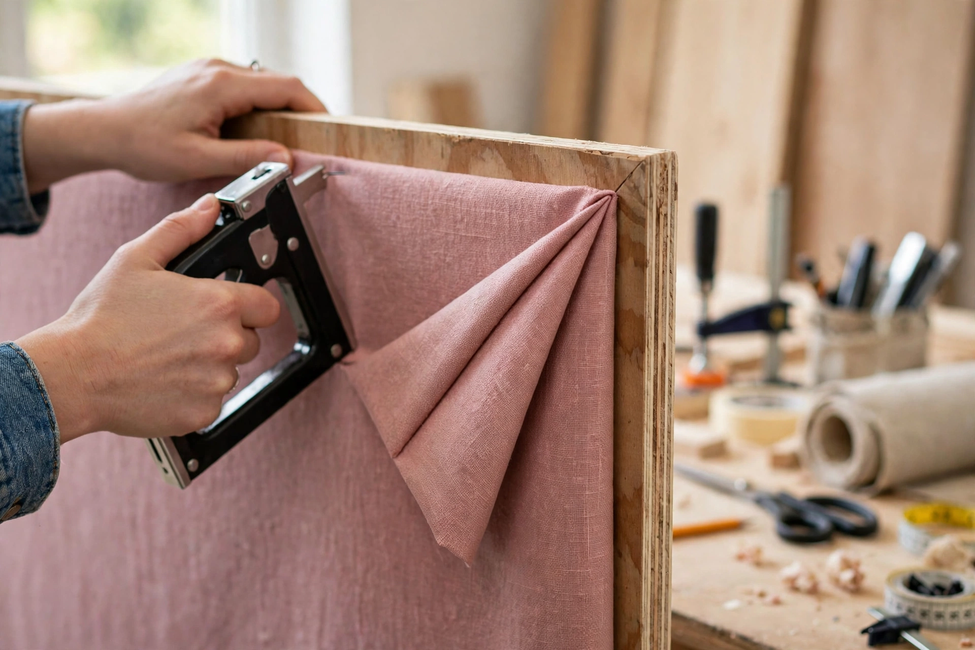 The back of a headboard board with pink fabric being stapled to the back edge with a staple gun, one corner folded neatly