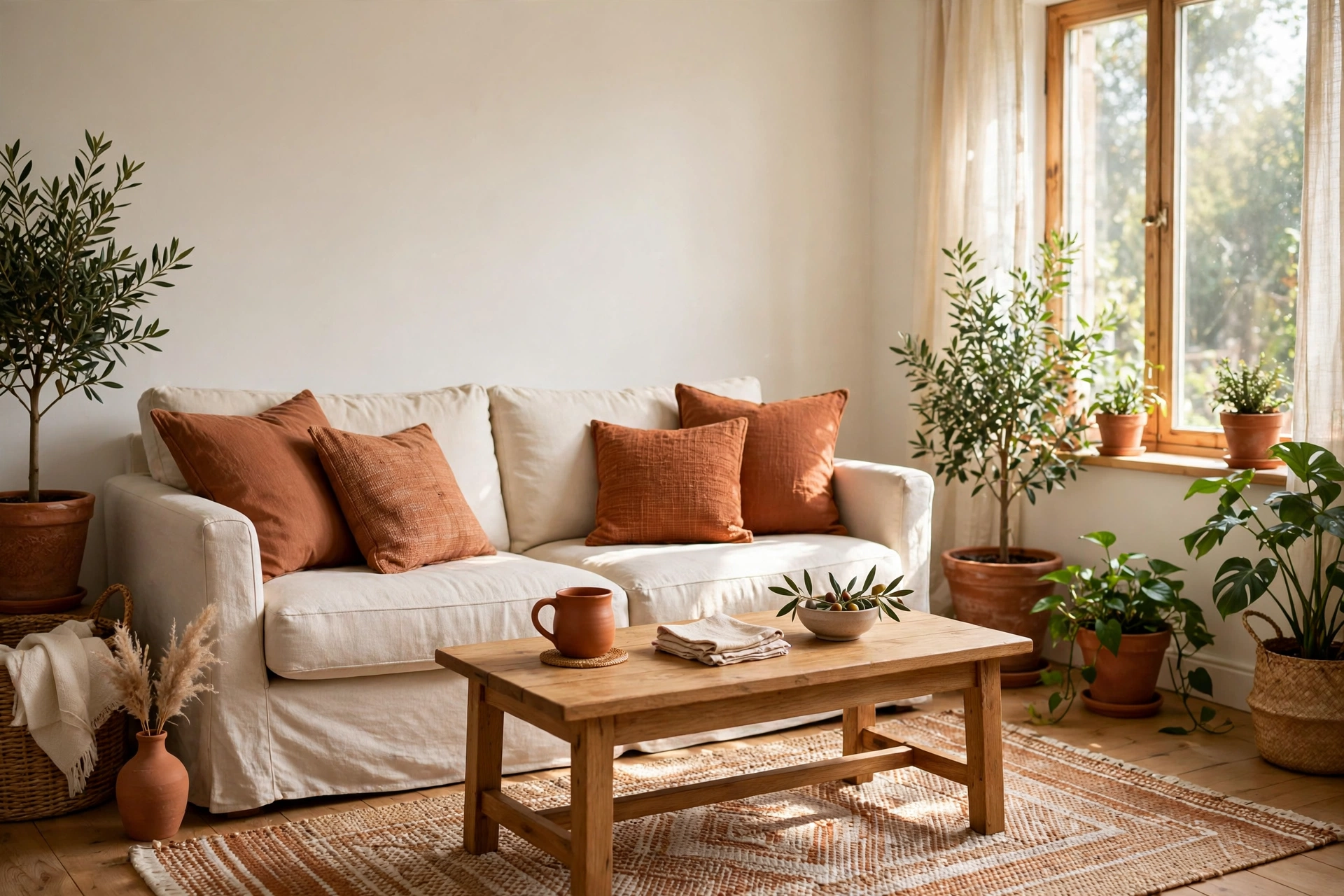 A small living room with a cream linen sofa, terracotta cushions and plants by the window