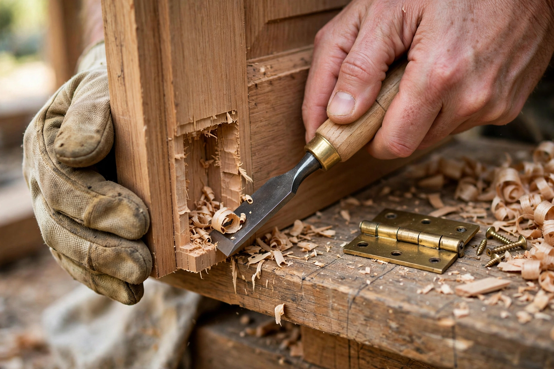 Hands chiselling a rectangular hinge recess into the edge of a wooden door, with a brass butt hinge waiting on the workbench