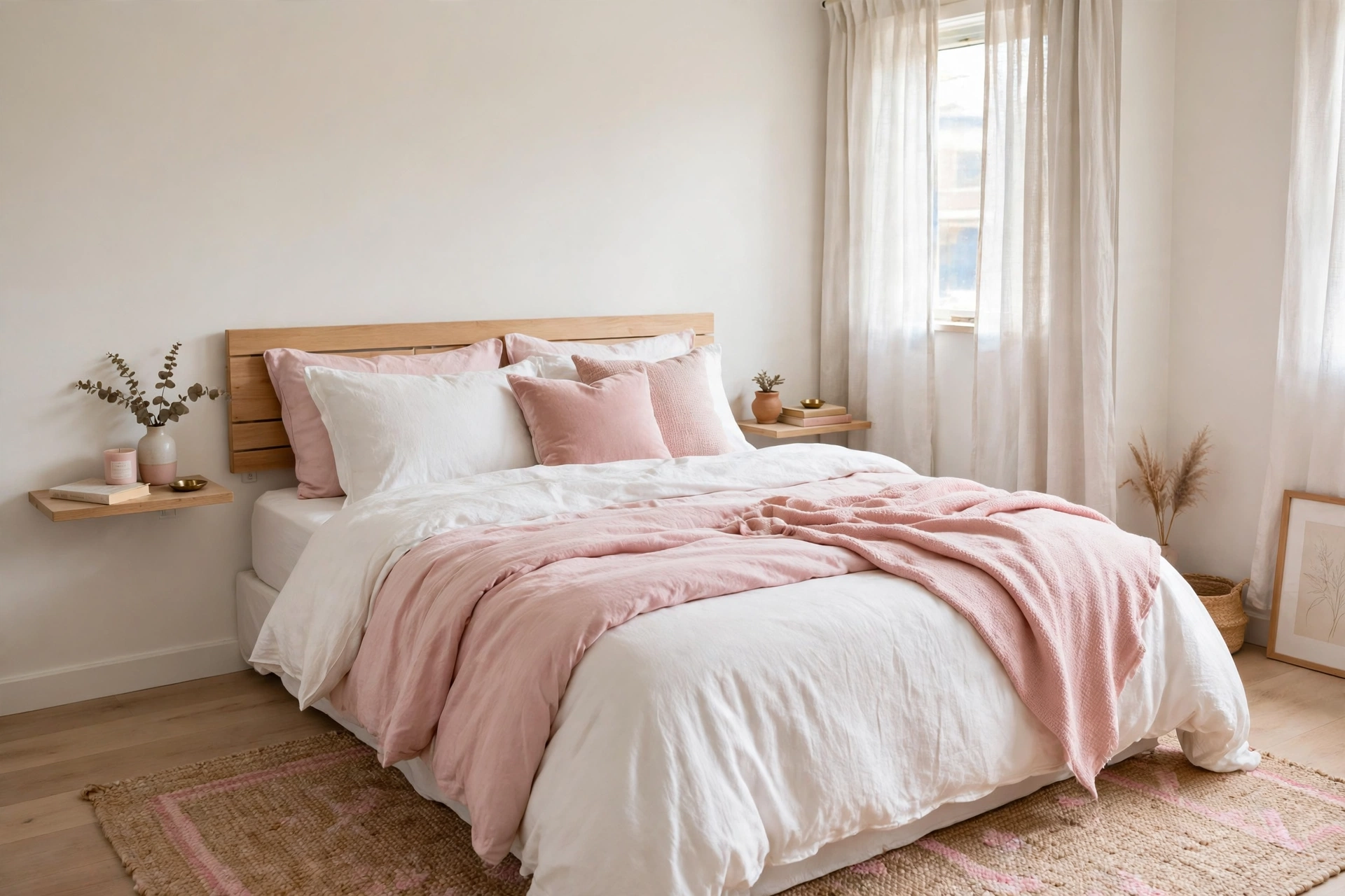 A king size bed with white bedding in a small bright bedroom, with slim wall-mounted shelves instead of bedside tables