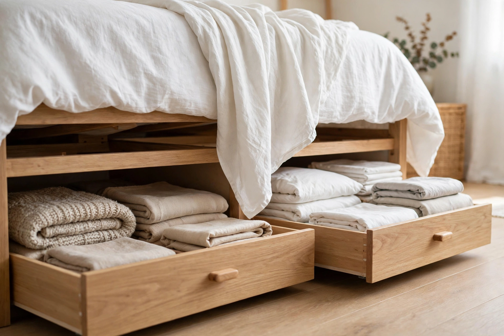 Under-bed drawers pulled open beneath a bed frame, filled with folded blankets and spare bedding