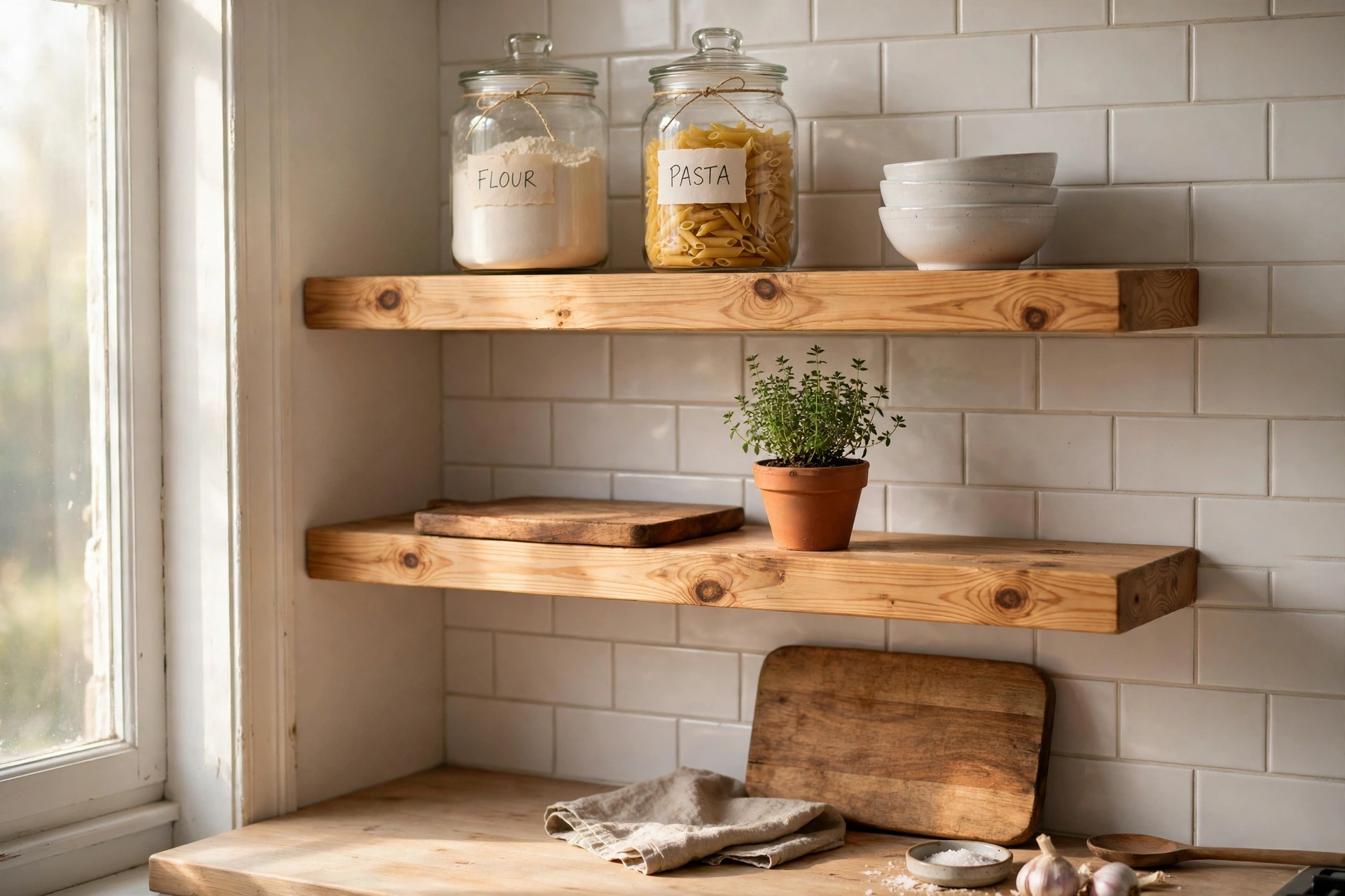 A small kitchen with painted cabinets, open shelves holding jars and dishes, and a plant on the windowsill