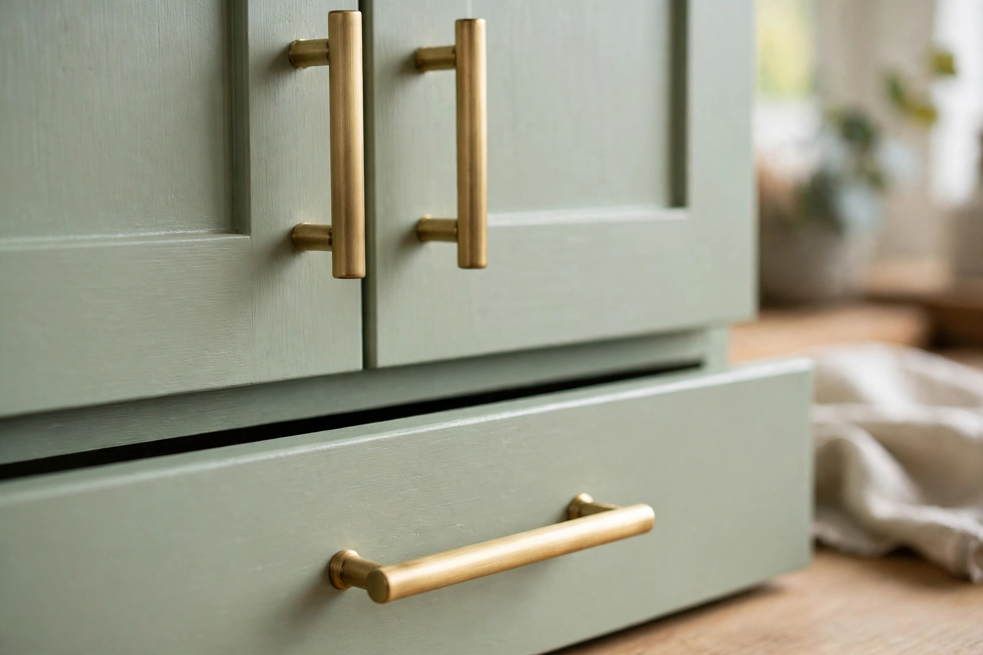 New brushed brass bar handles fitted in a matching row on soft sage green kitchen cabinet doors and drawers