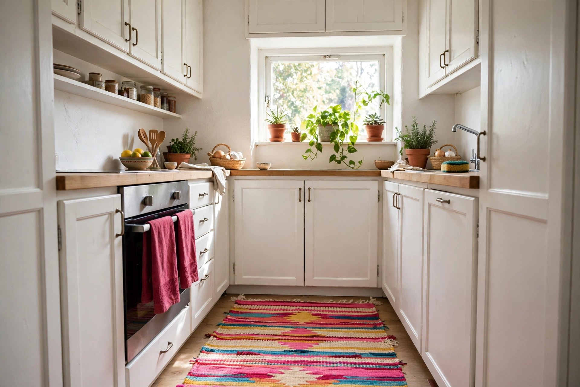A small bright kitchen with a colourful woven runner on the floor and matching deep pink tea towels hanging from the oven handle