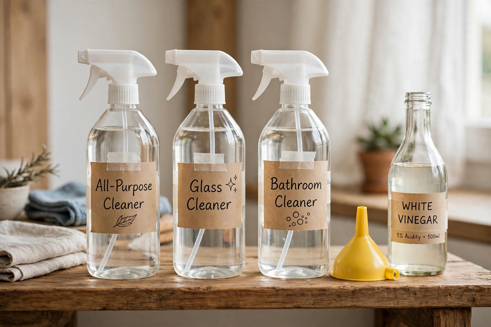Three homemade spray bottles with handwritten labels standing on a kitchen shelf next to a bottle of white vinegar
