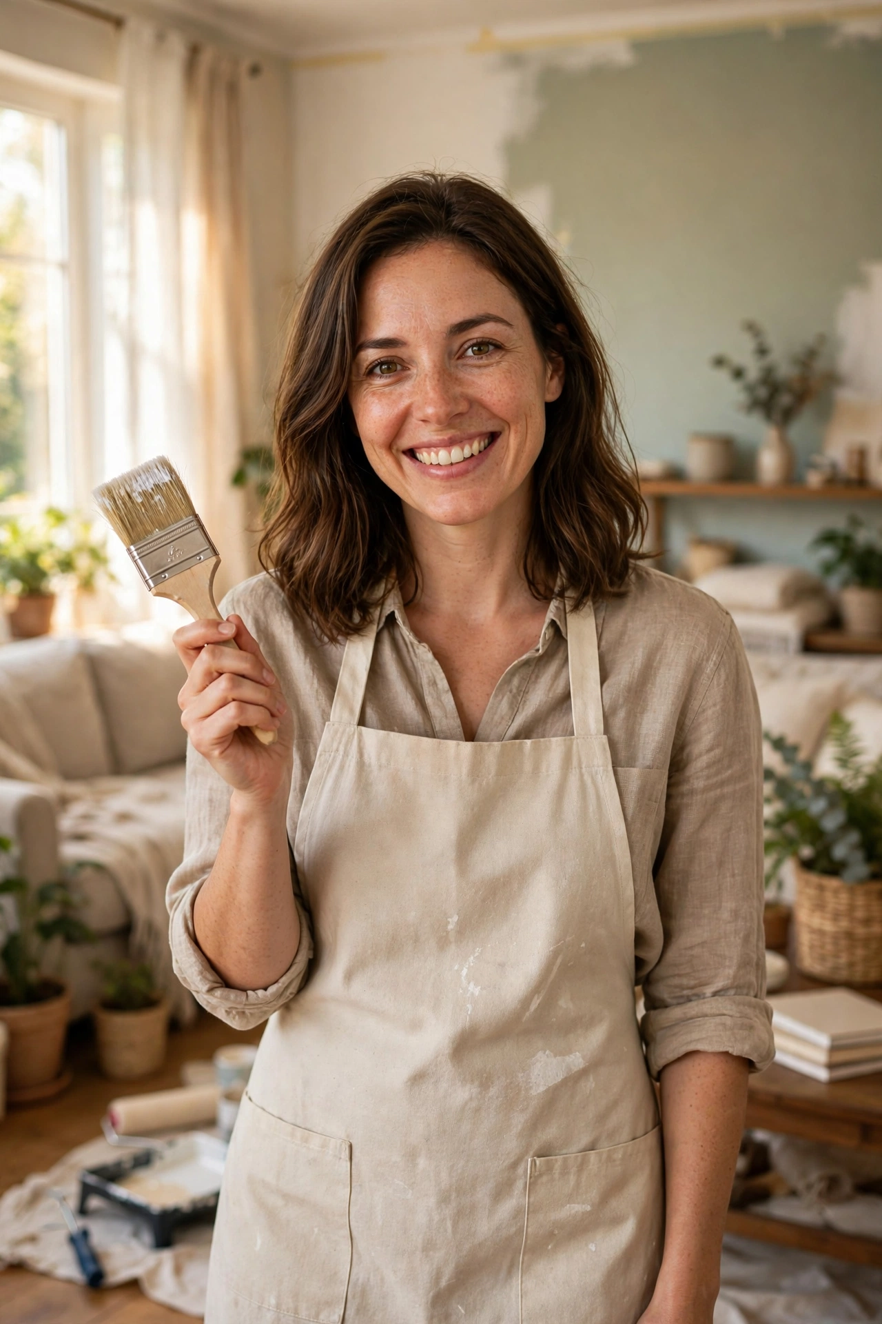 Portrait of Lisa Ben in an apron holding a paint brush