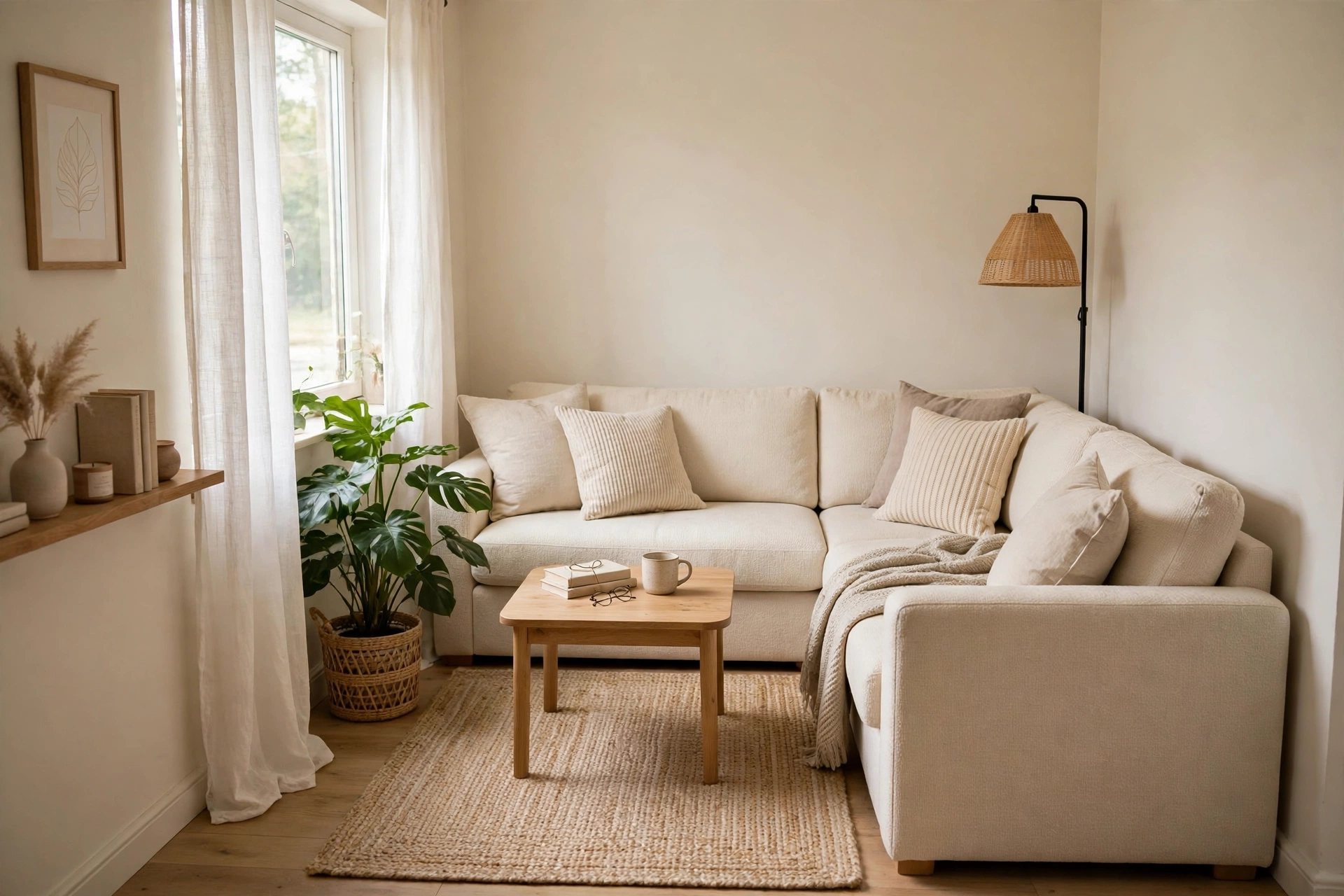 A small living room arranged with a sectional sofa in the corner