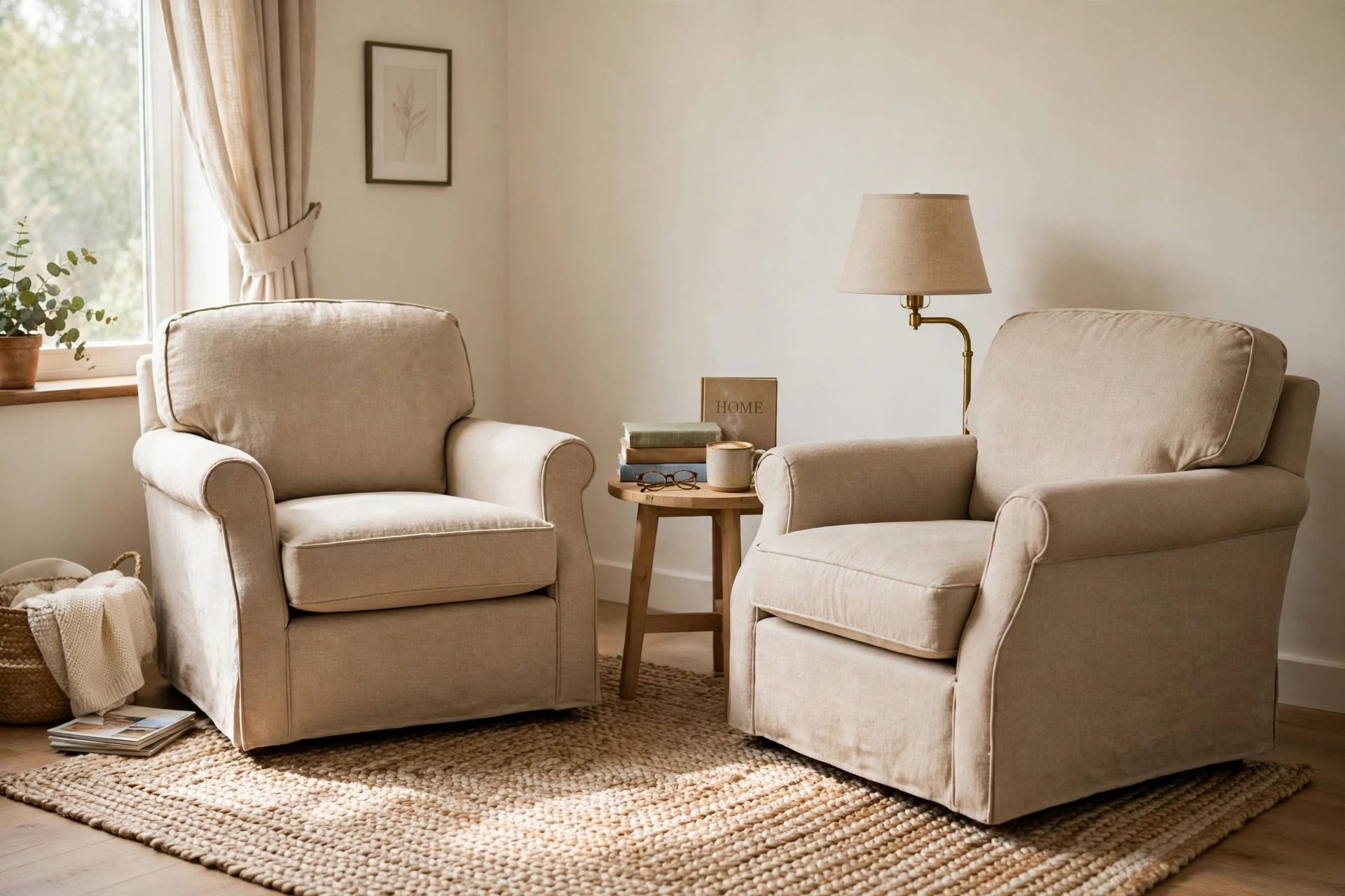 A pared back living room with two armchairs and a small side table between them