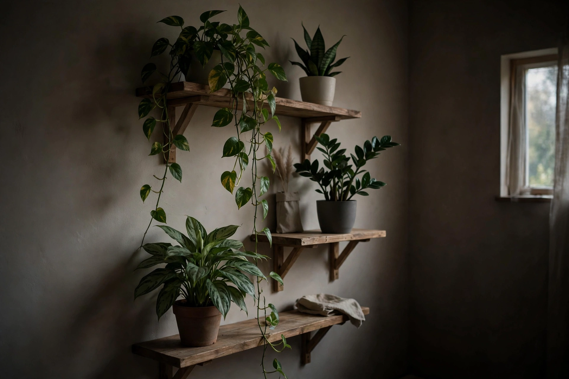 A shelf of green plants coping happily in a dim corner of a room
