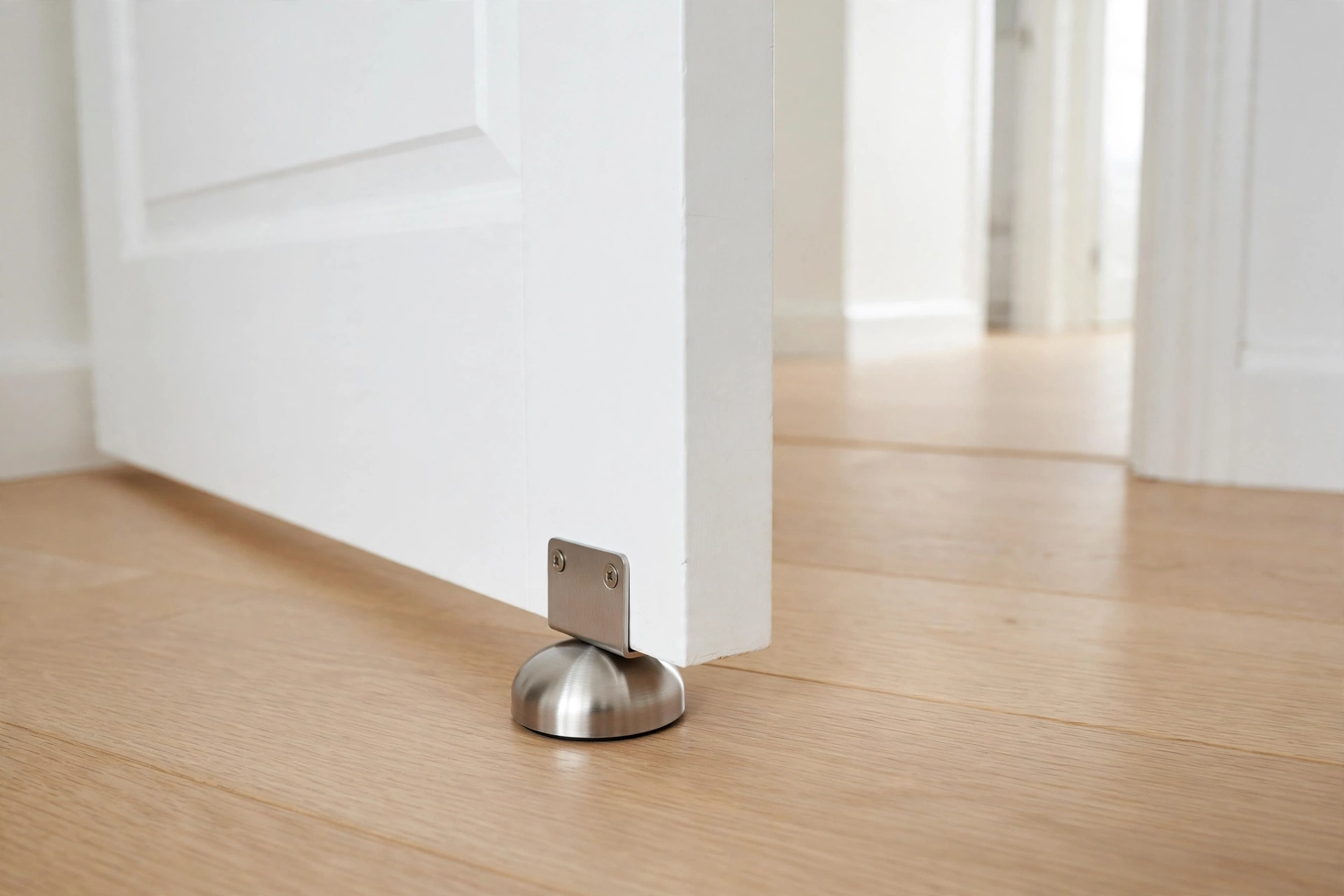 A small stainless steel magnetic doorstop on a wood floor holding a white interior door open