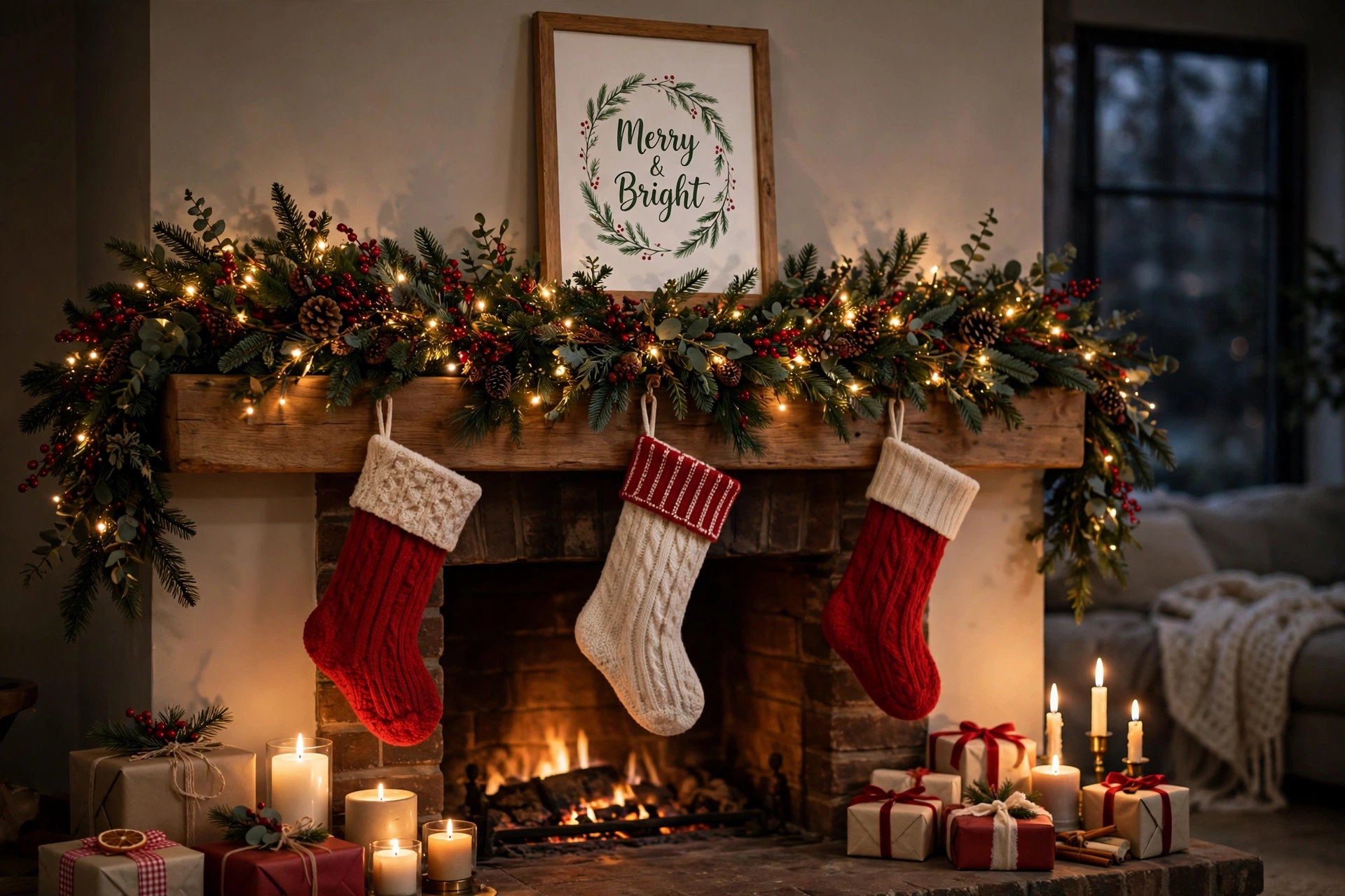 A wooden mantel with a thick garland of fir, red berries and pinecones threaded with fairy lights, three knitted stockings hanging below it and wrapped gifts and candles on the hearth