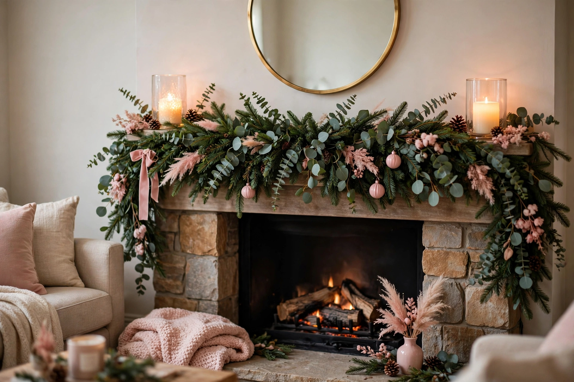 A Christmas mantel decorated with evergreen greenery and candles