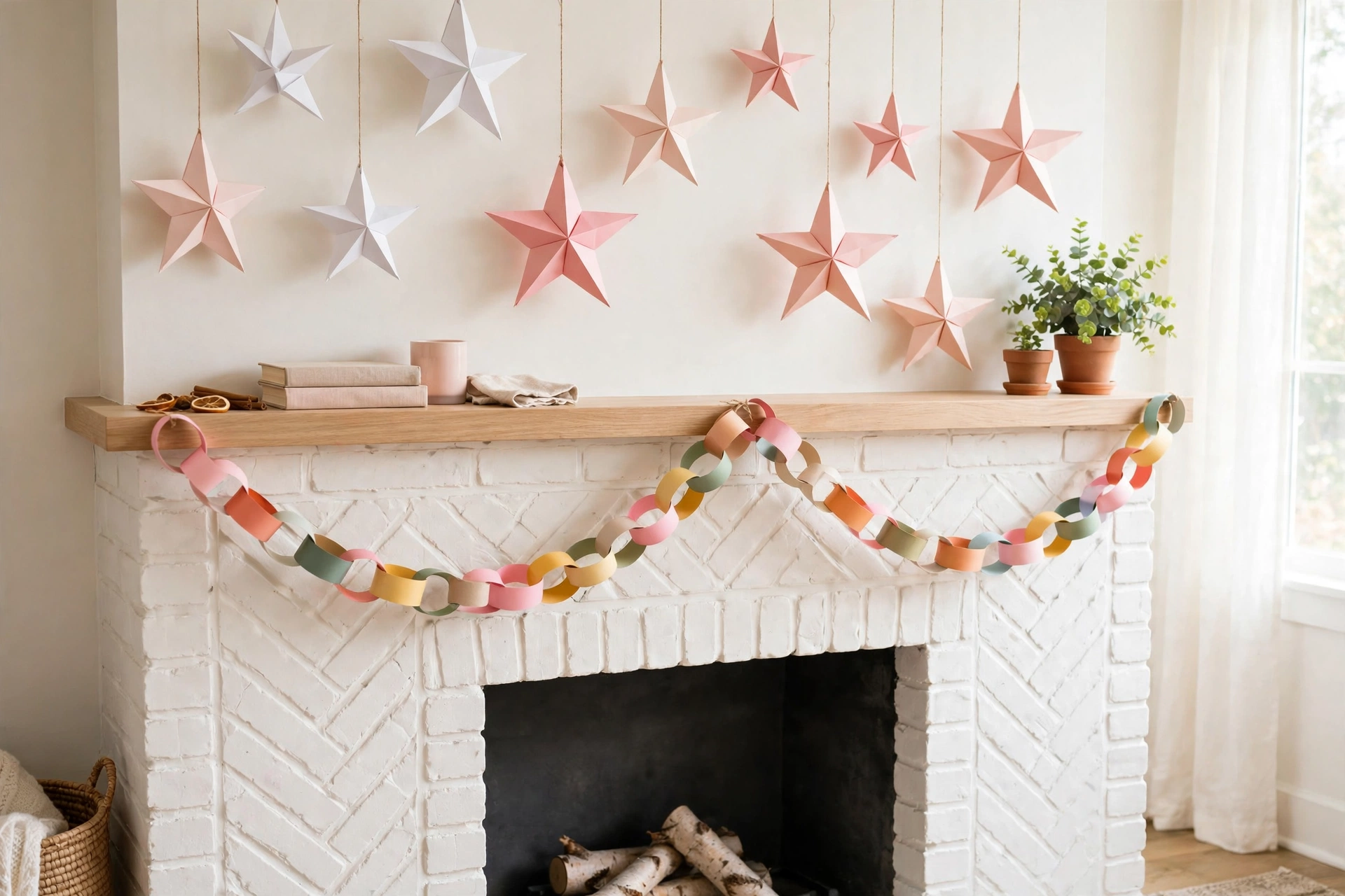 A white painted brick mantel with white and blush paper stars hanging at different heights above it and a colourful paper chain draped across the front