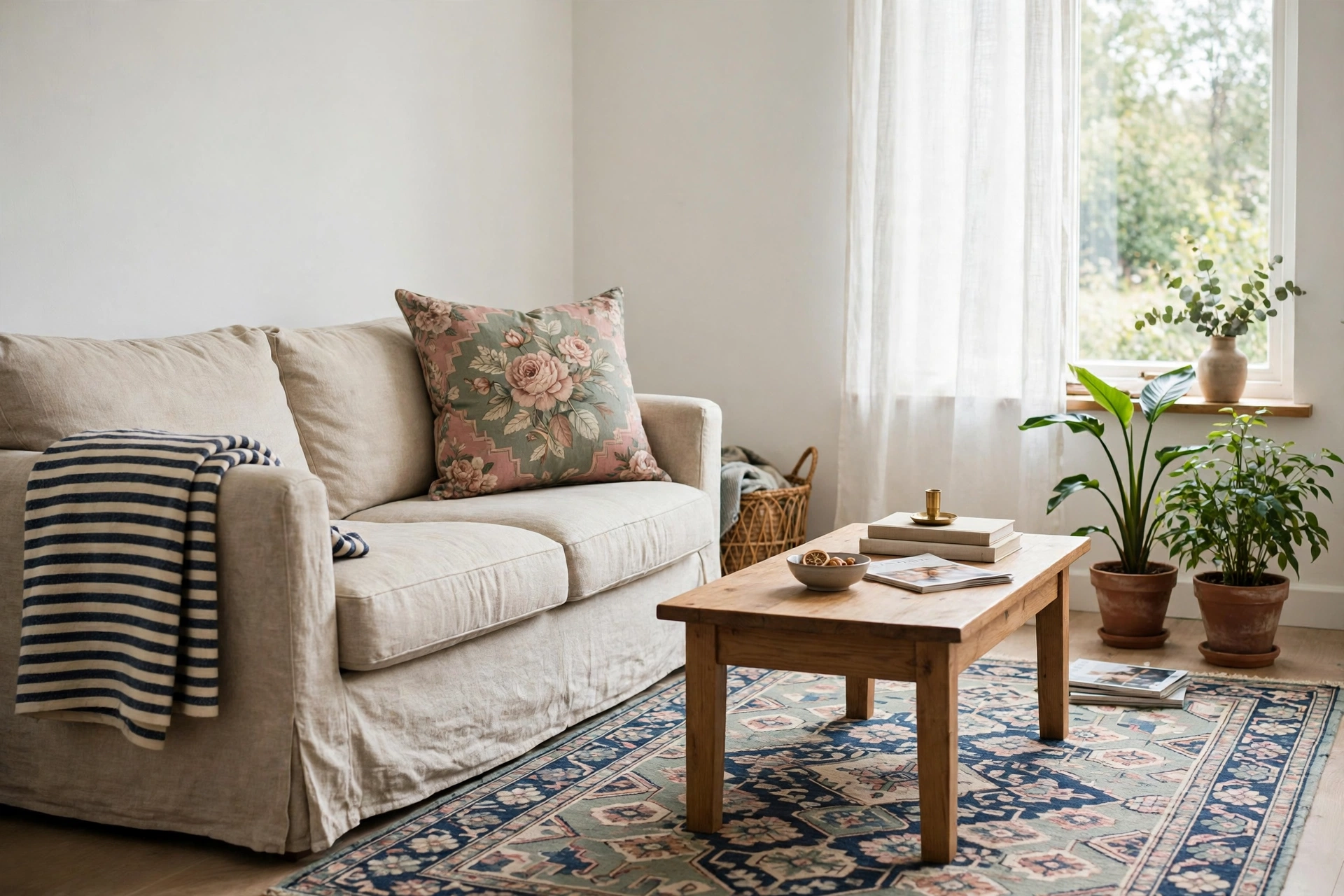 A living room with a plain oatmeal sofa, a large floral cushion, a navy striped throw and a medium patterned rug working together calmly