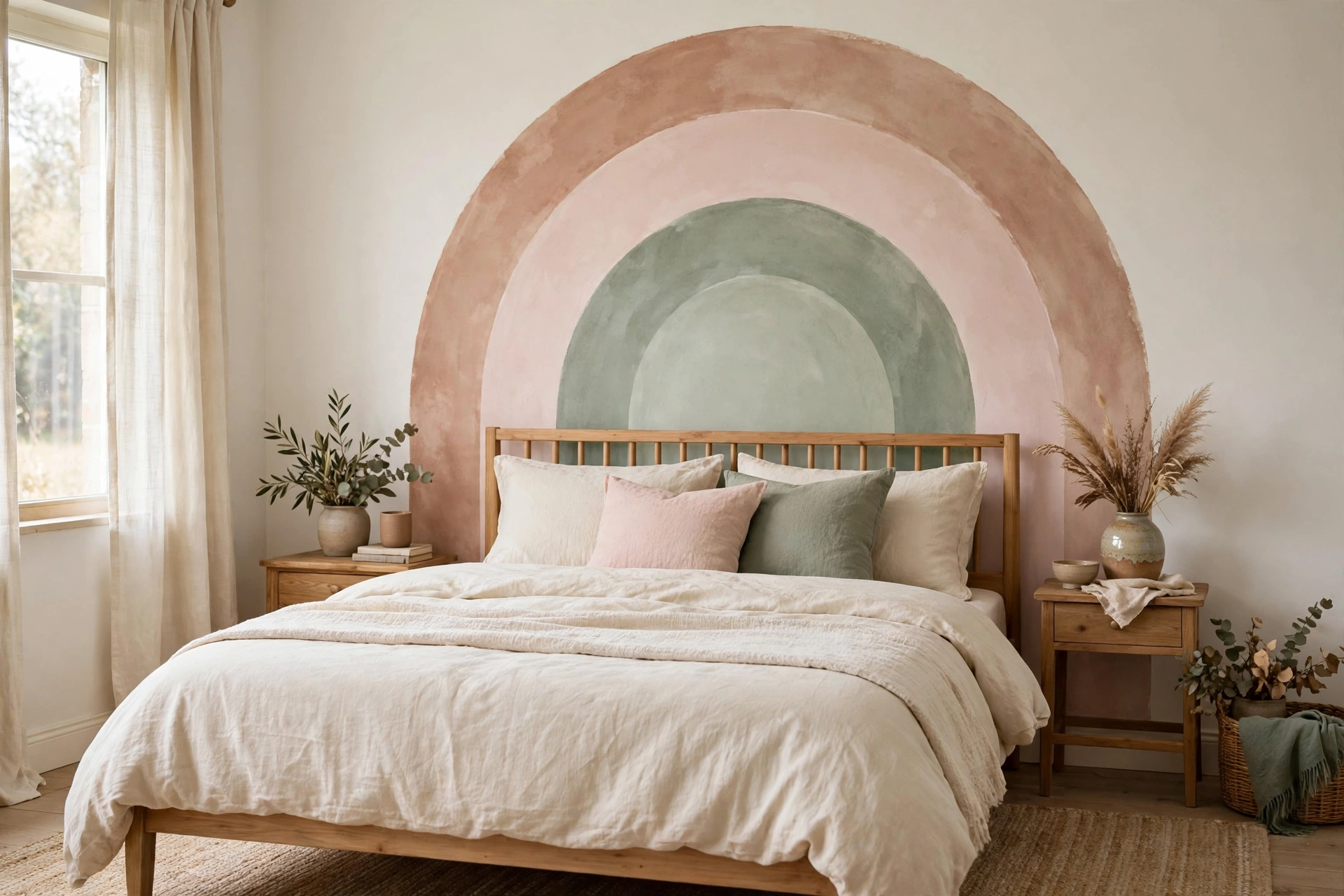 A bedroom wall with a large painted arch mural in soft terracotta, blush and sage above a wooden bed with cream bedding