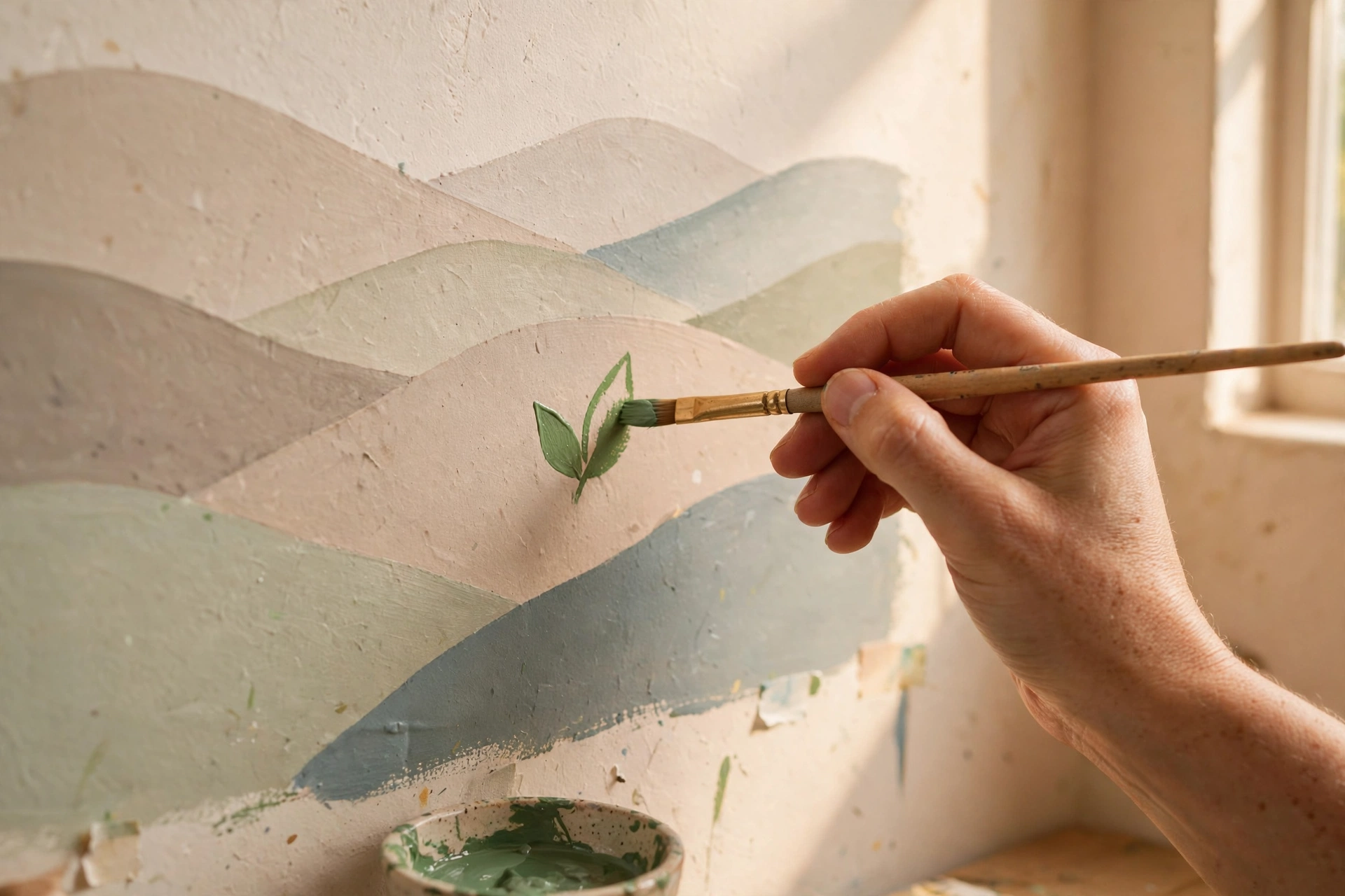A hand with a small brush painting a green leaf shape onto softly coloured rolling hills on a wall