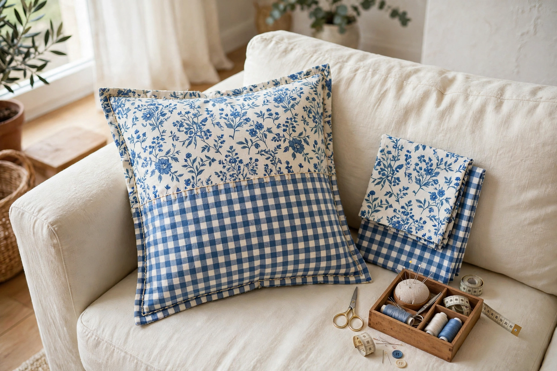 A handmade pillow sewn from patterned cloth napkins on a cream linen sofa
