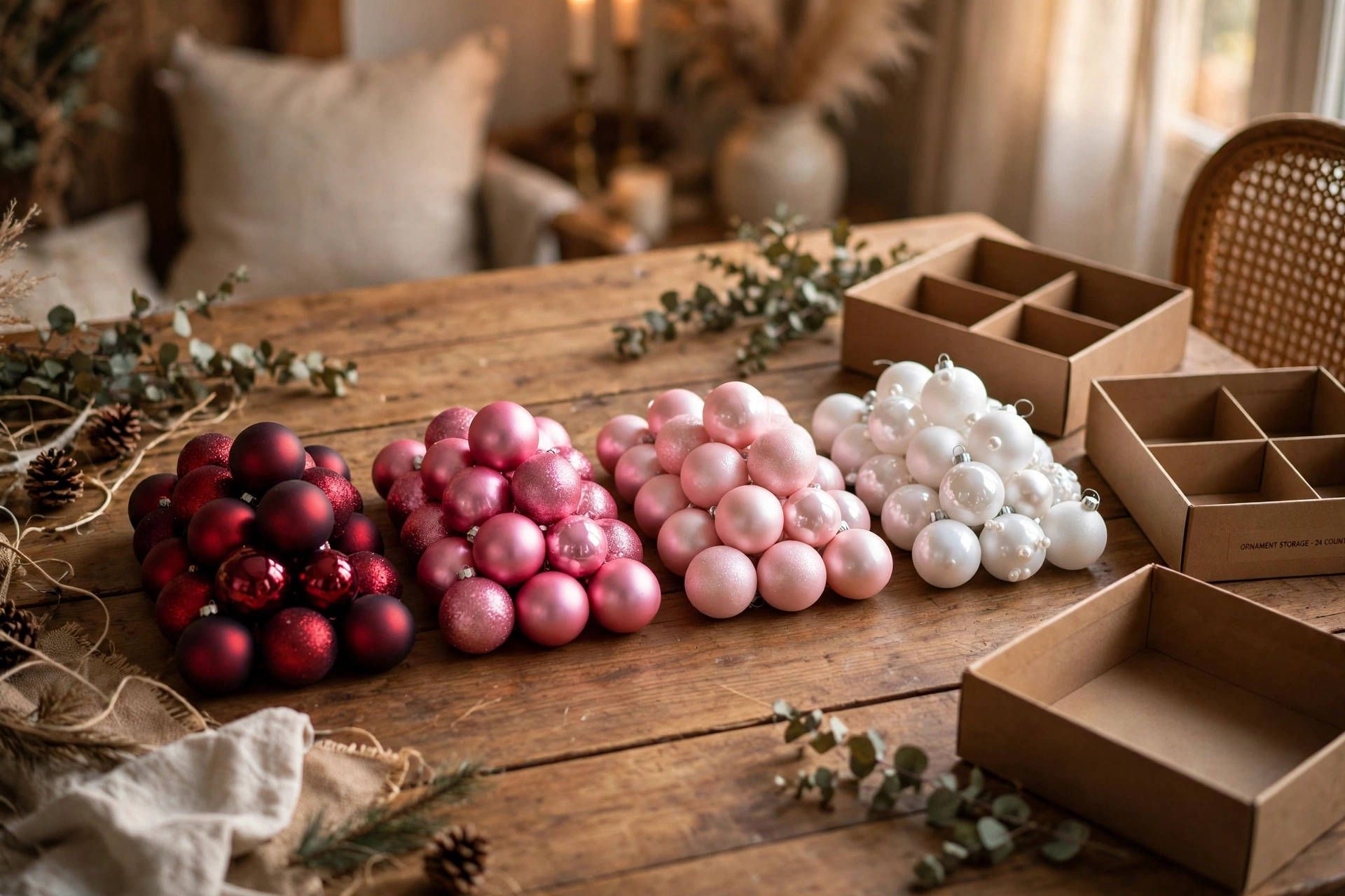 Christmas baubles sorted into shade piles on a wooden table, running from deep burgundy red through rose and blush pink to white and pearl