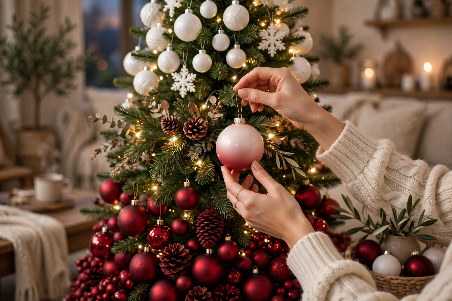 Hands hanging a blush pink bauble on the middle band of a Christmas tree, with deep red ornaments below and white ornaments above