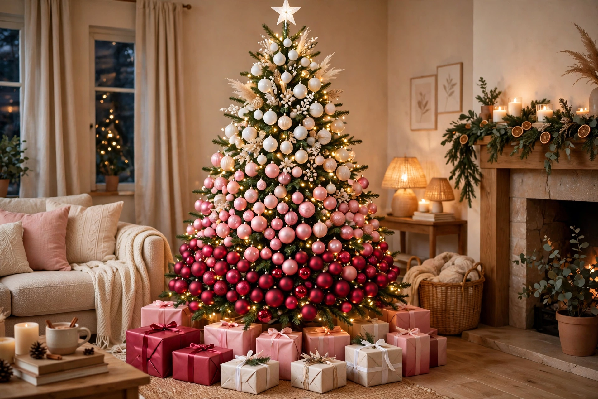 A Christmas tree decorated in an ombre gradient, deep red-pink baubles at the base shading through blush pink to white ornaments and a white star at the top