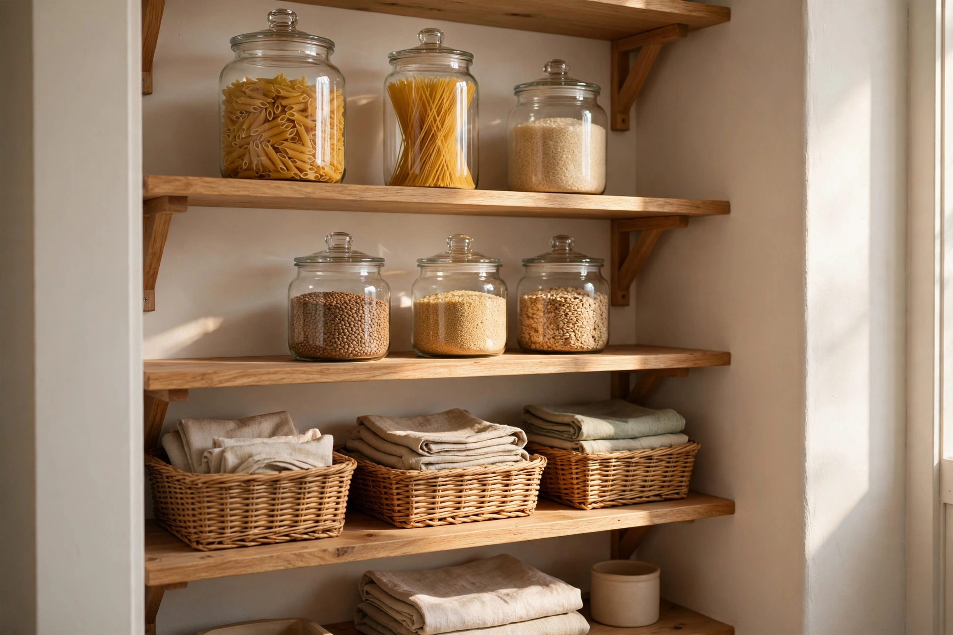 A small pantry with jars and tins arranged in rows on deep shelves