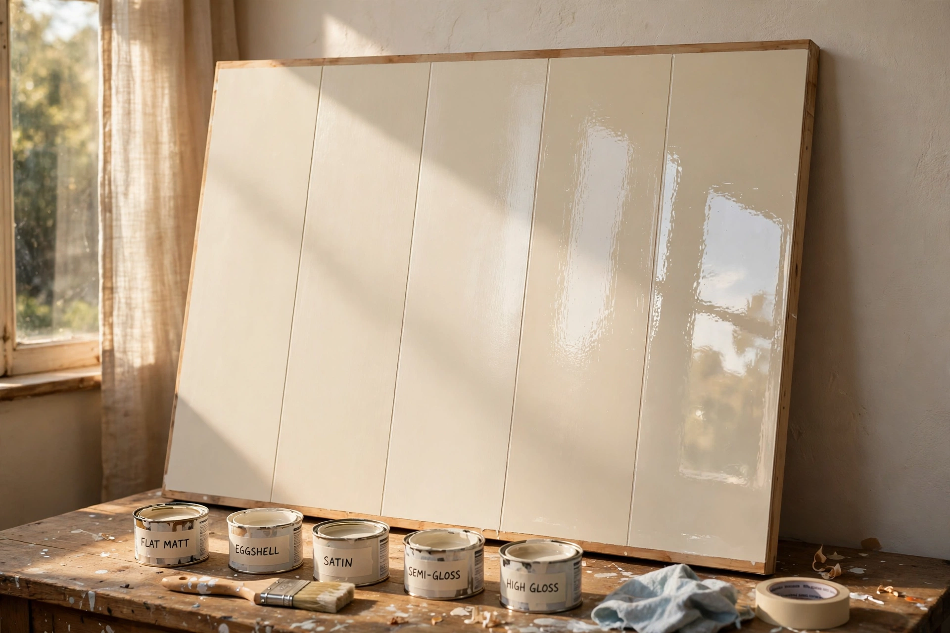A painted board with five stripes of the same cream paint in matt, eggshell, satin, semi-gloss and gloss finishes, each stripe catching window light differently