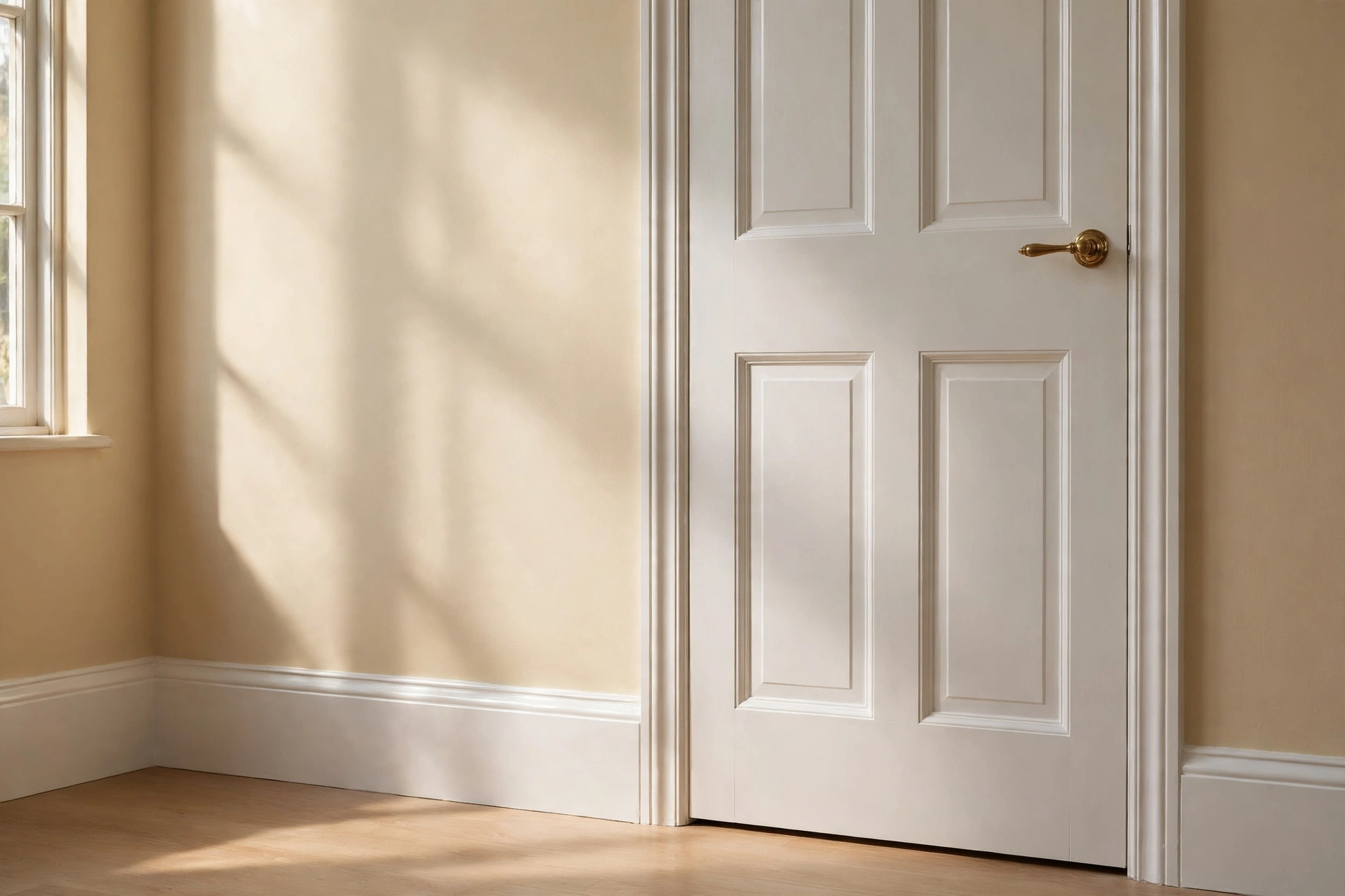 A white panelled door and skirting board in satin finish beside a flat matt cream wall, with a brass door handle