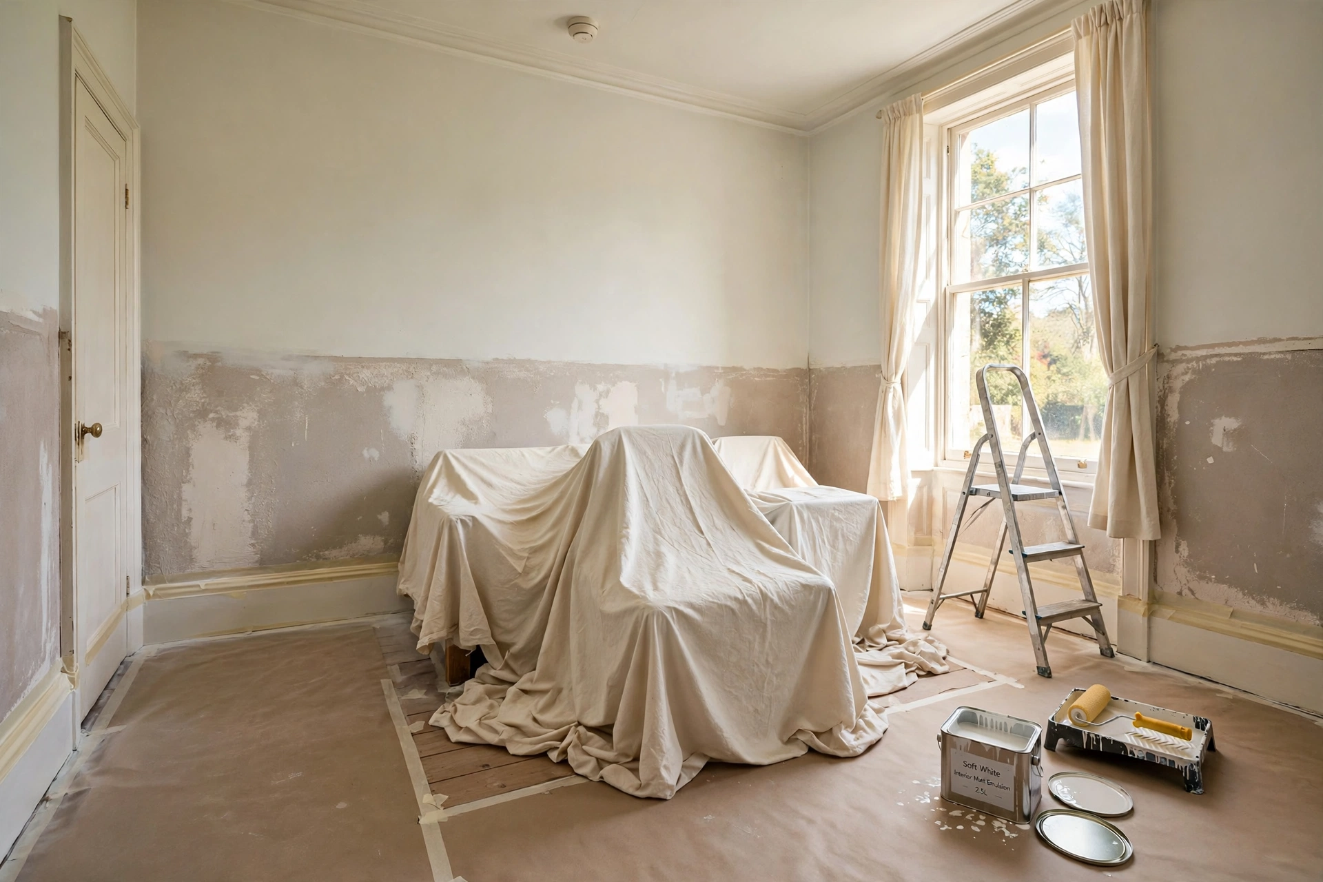 A bedroom fully prepped for painting: furniture sheeted in the middle of the room, skirting taped, walls filled and sanded, ladder and paint tray ready