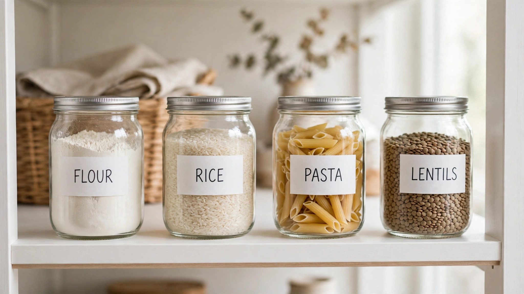 Labelled glass jars of dry goods lined up on deep pantry shelves
