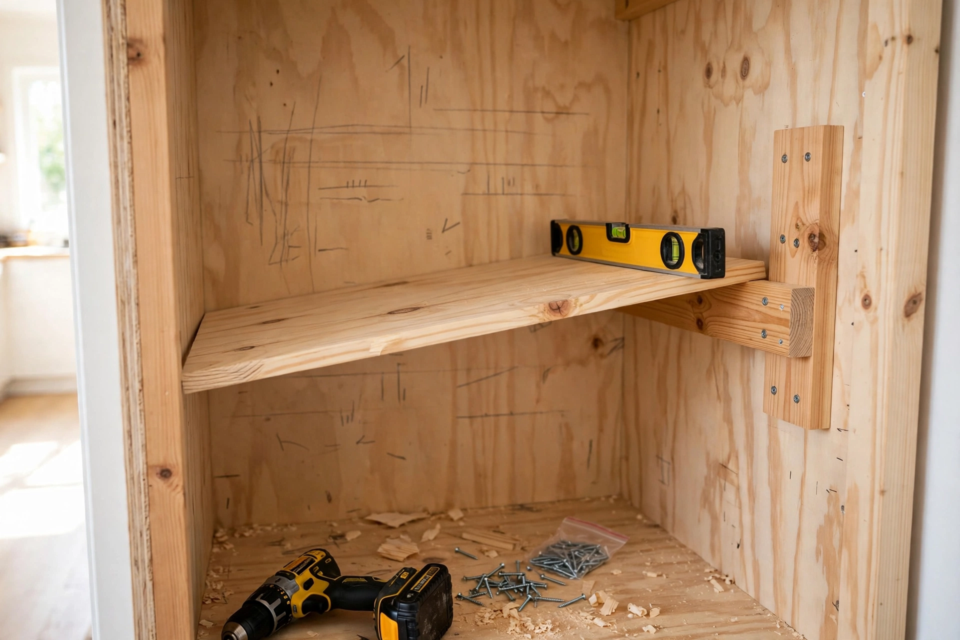New wooden pantry shelves being fitted, with the supports spaced close enough to stop the boards sagging