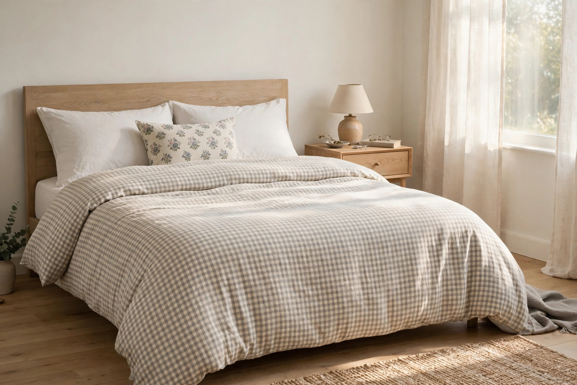 A bedroom with a cream and grey checked duvet cover, one small floral cushion in front of plain white pillows and a wooden bedside table