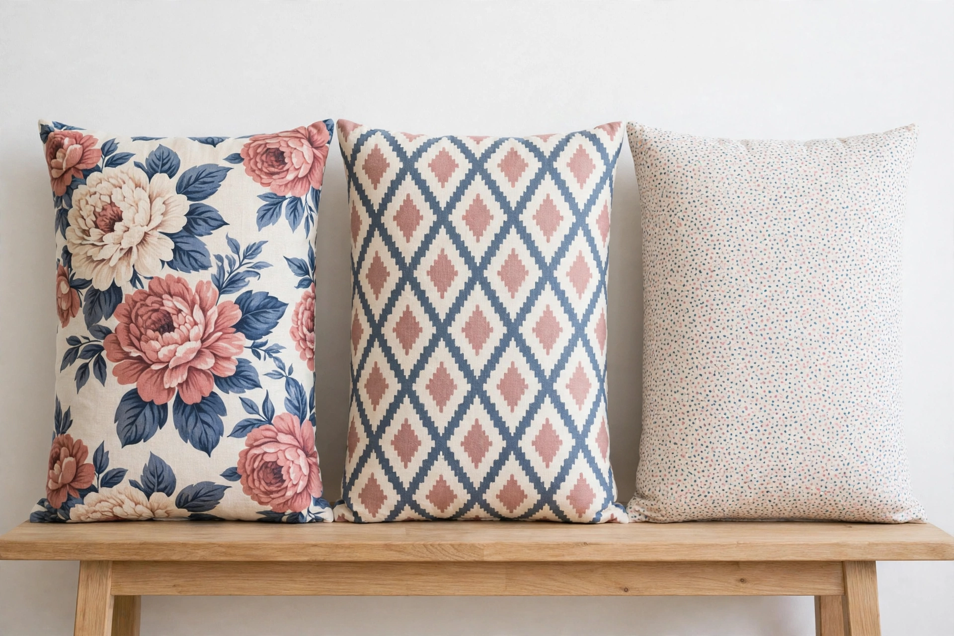Three cushions in a row showing a large floral print, a medium geometric pattern and a small ditsy print in the same colours